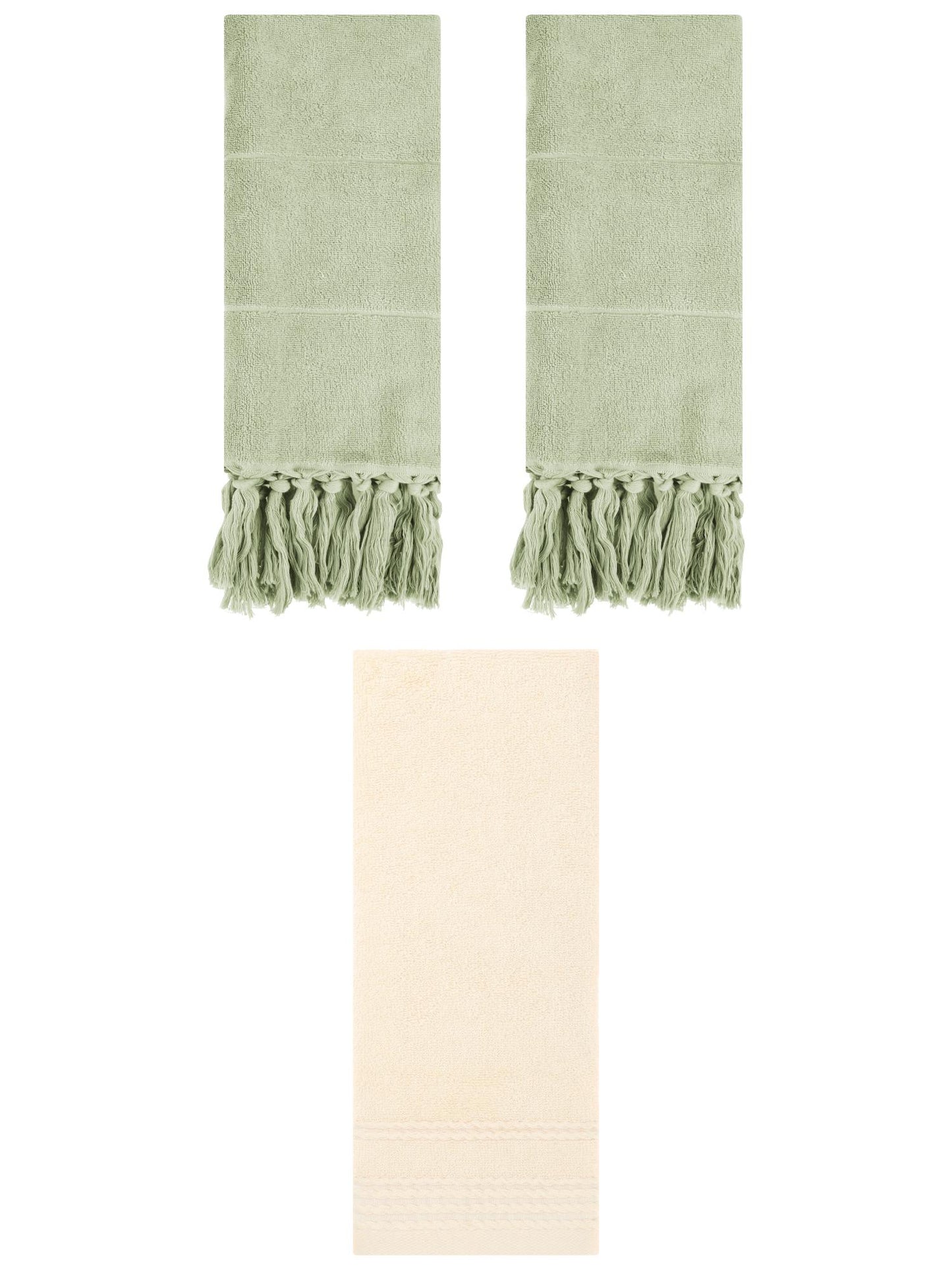 Unique Bargains 3 Pack Striped Tassels Hand Towels for Bathroom 14" x 30" Green/Beige