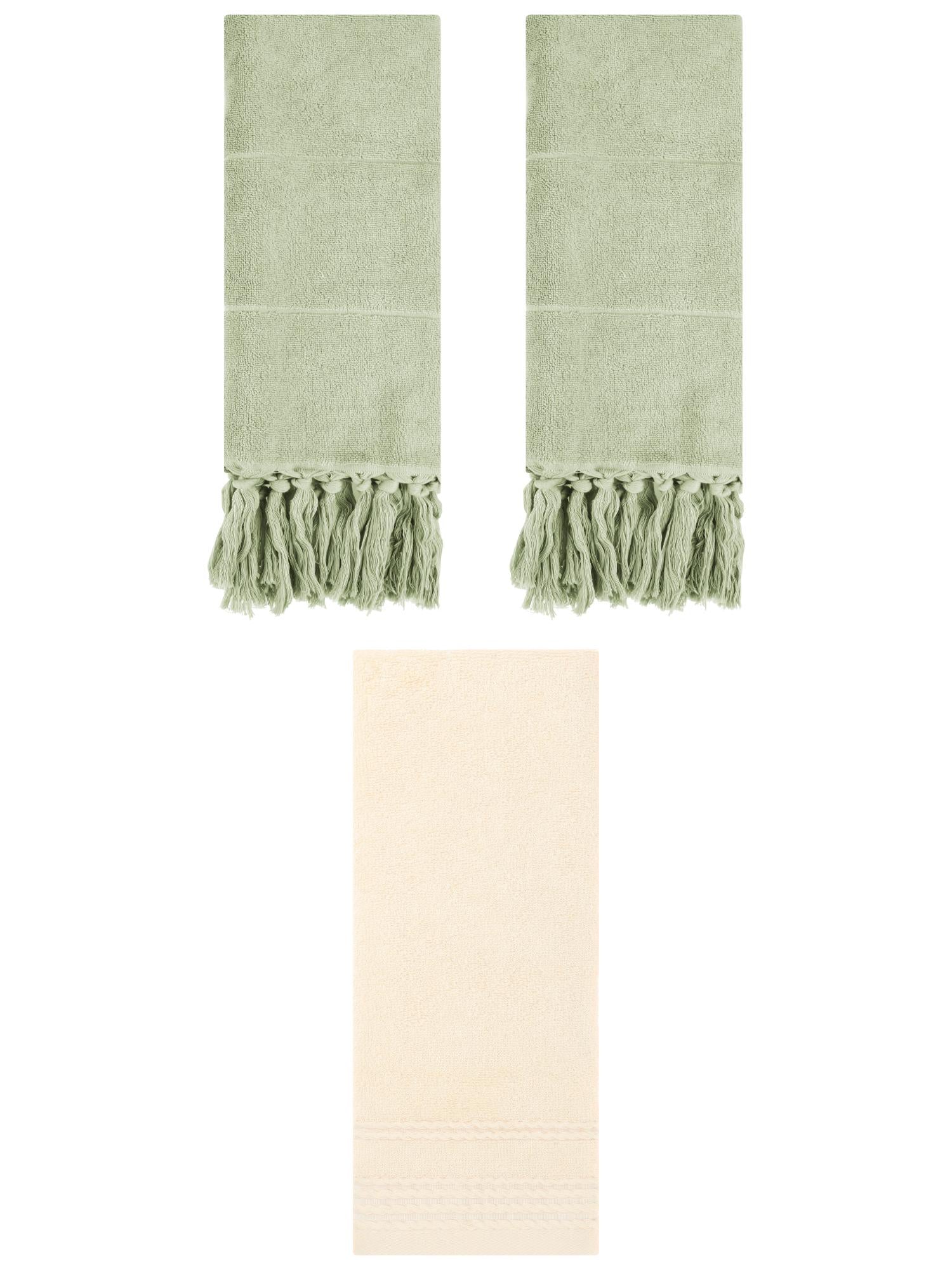 Unique Bargains 3 Pack Striped Tassels Hand Towels for Bathroom 14" x 30" Green/Beige