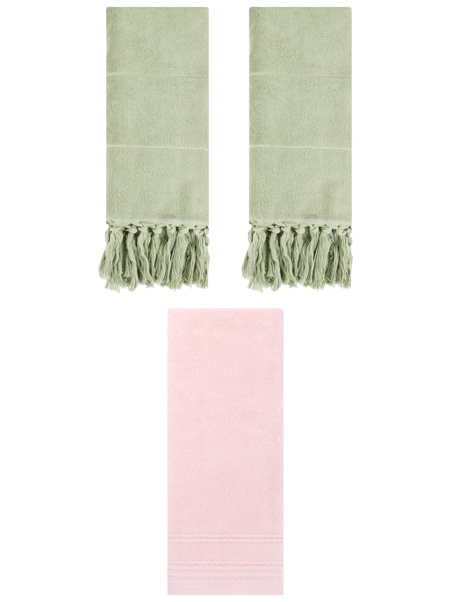 Unique Bargains 3 Pack Striped Tassels Hand Towels for Bathroom 14" x 30" Green/Pink