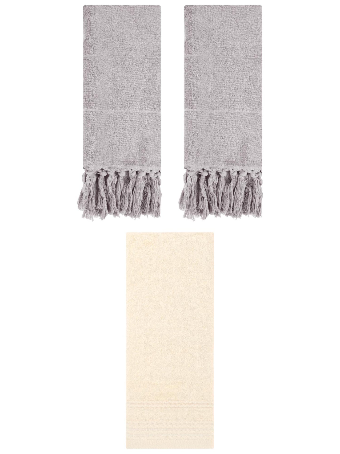 Unique Bargains 3 Pack Striped Tassels Hand Towels for Bathroom 14" x 30" Grey/Beige