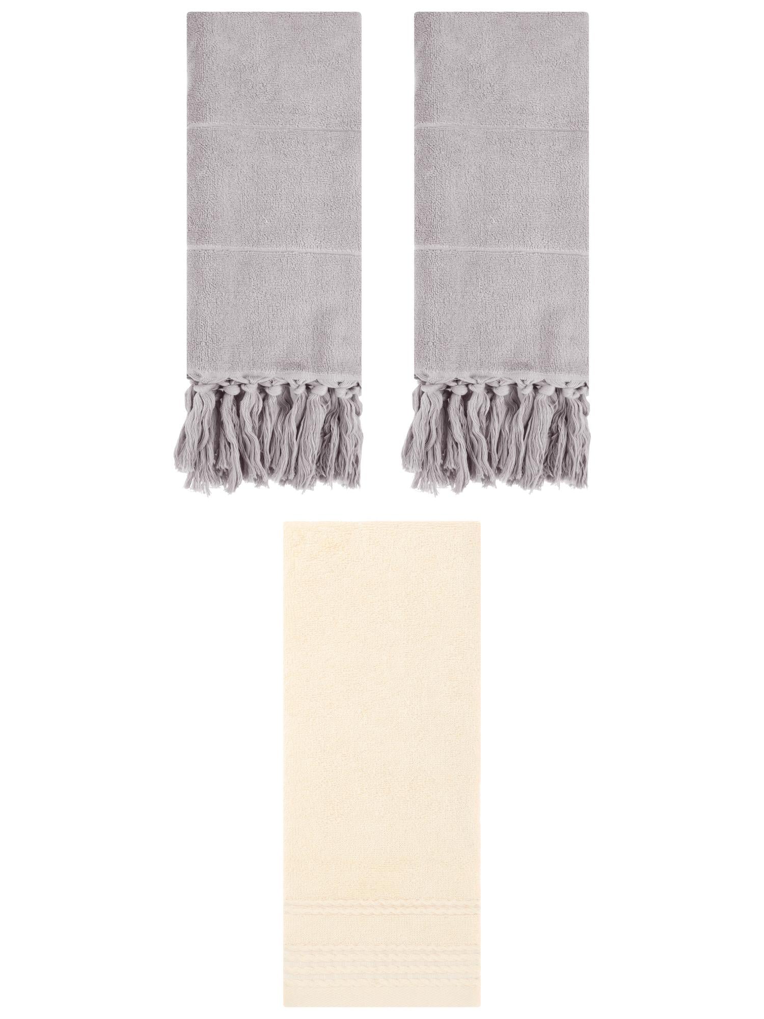 Unique Bargains 3 Pack Striped Tassels Hand Towels for Bathroom 14" x 30" Grey/Beige