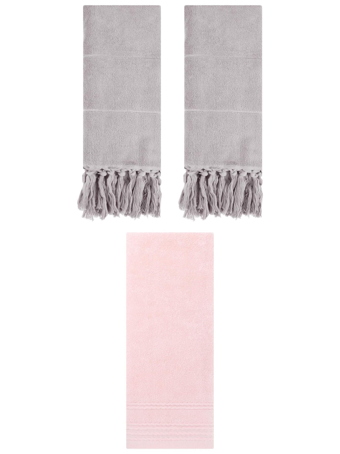 Unique Bargains 3 Pack Striped Tassels Hand Towels for Bathroom 14" x 30" Grey/Pink