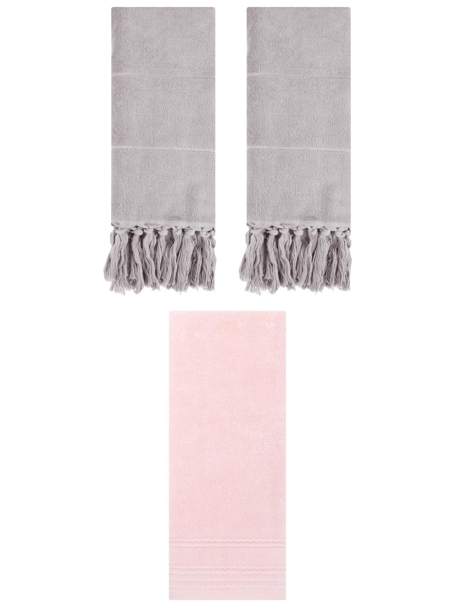 Unique Bargains 3 Pack Striped Tassels Hand Towels for Bathroom 14" x 30" Grey/Pink