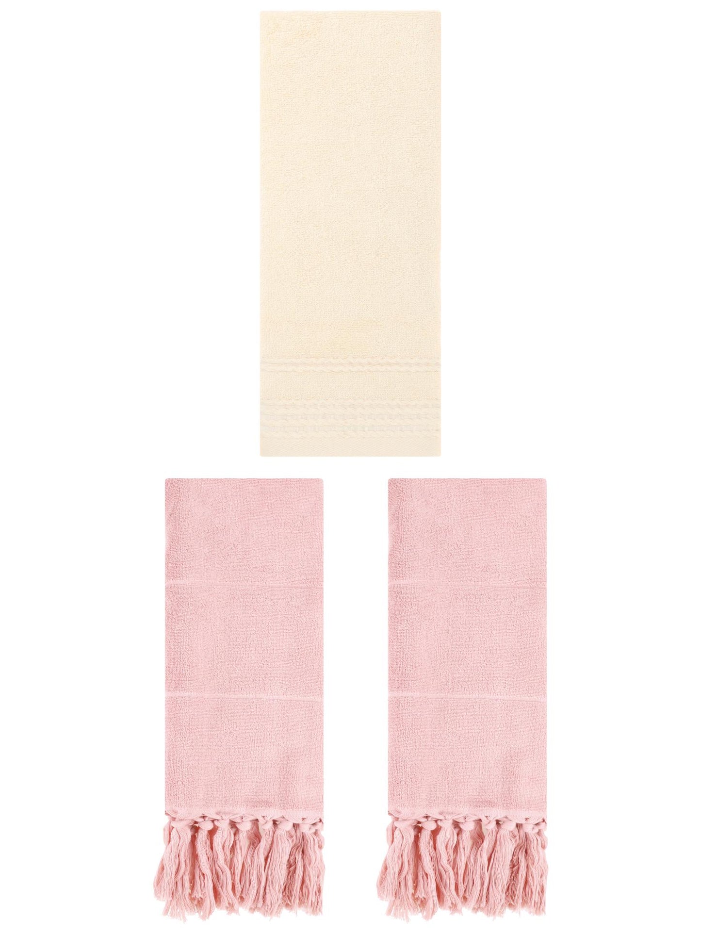 Unique Bargains 3 Pack Striped Tassels Hand Towels for Bathroom 14" x 30" Pink/Beige