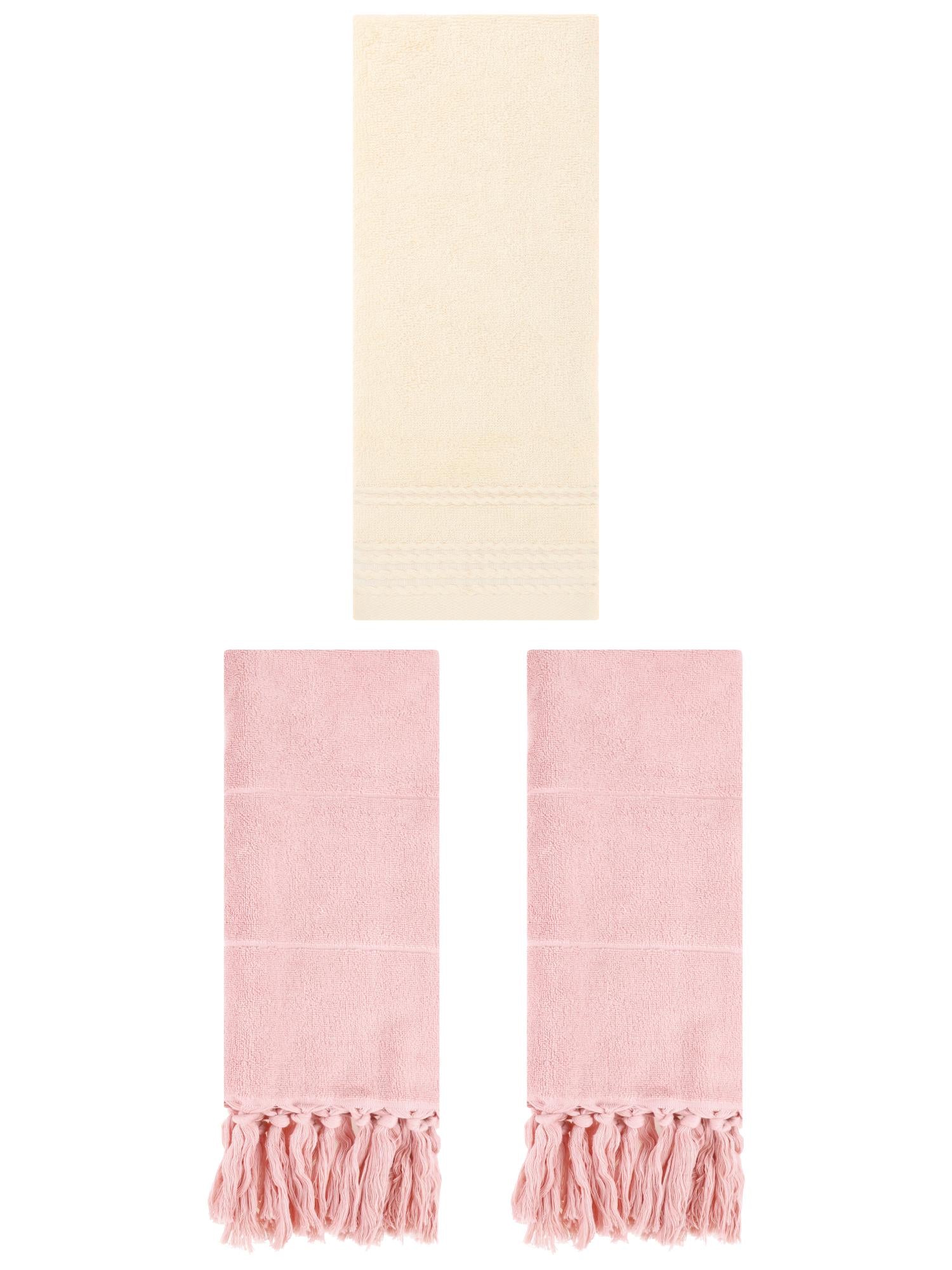 Unique Bargains 3 Pack Striped Tassels Hand Towels for Bathroom 14" x 30" Pink/Beige