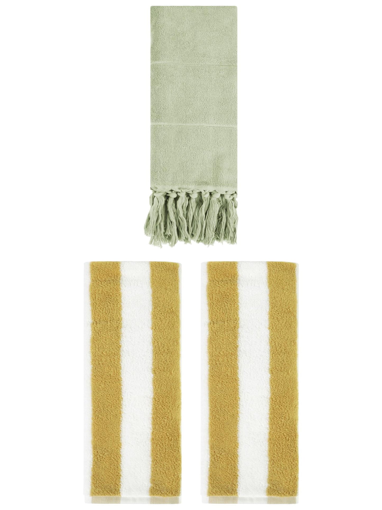 Unique Bargains 3 Pack Striped and Solid Tassels Hand Towel Green/Yellow White