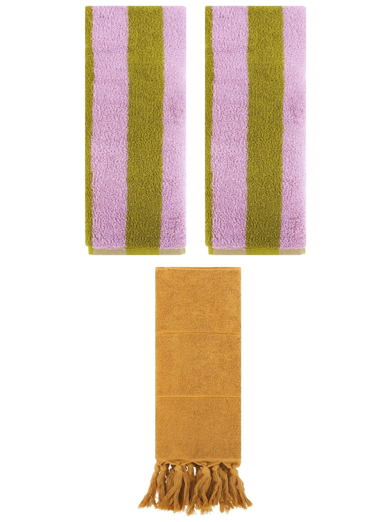 Unique Bargains 3 Pack Striped and Solid Tassels Hand Towel Yellow/Pink Brown