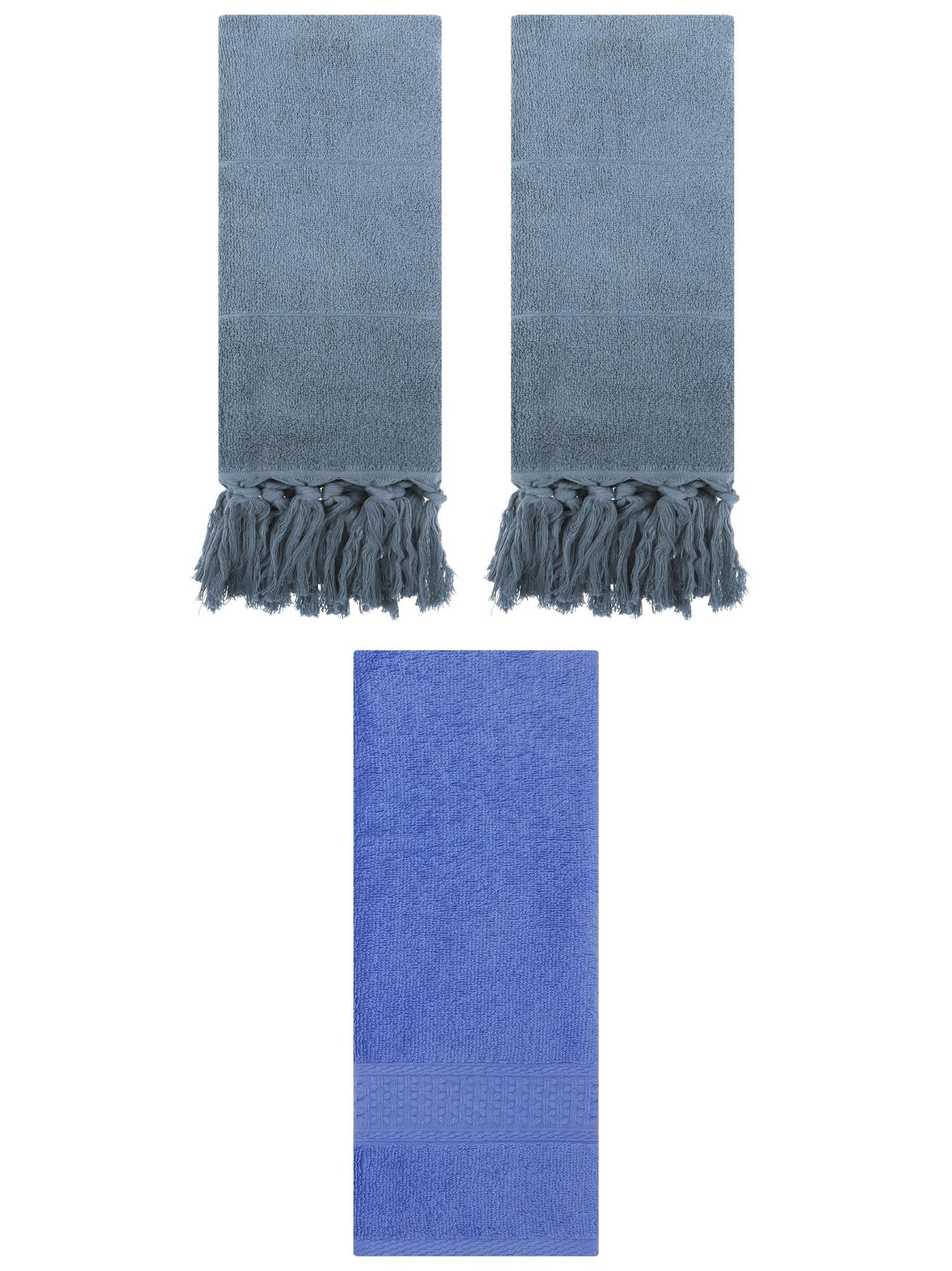 Unique Bargains 3 Packs Textured Tassels Hand Towels Blue 14" x 30"/13" x 30"