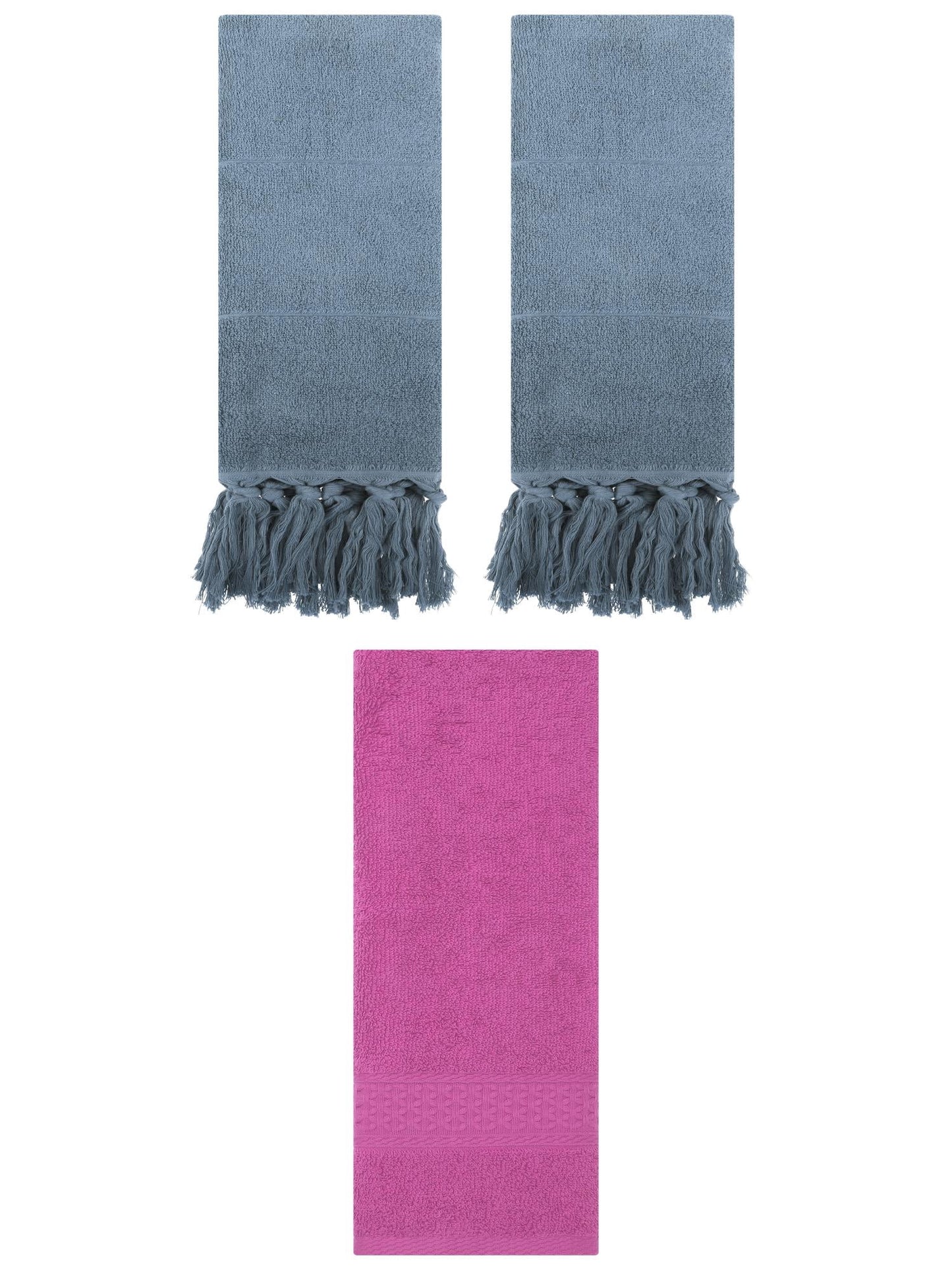Unique Bargains 3 Packs Textured Tassels Hand Towels Blue/Dark Pink 14" x 30"/13" x 30"