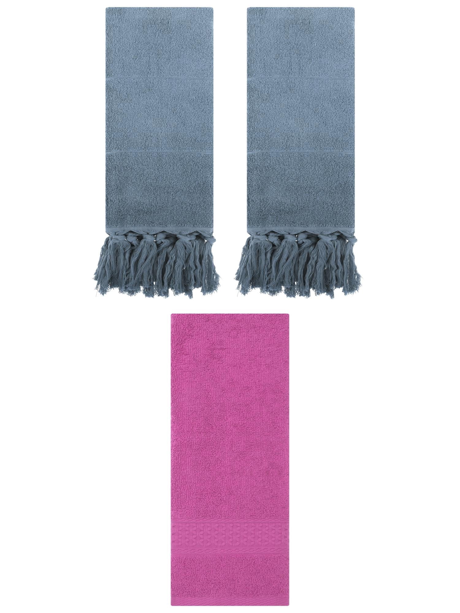 Unique Bargains 3 Packs Textured Tassels Hand Towels Blue/Dark Pink 14" x 30"/13" x 30"