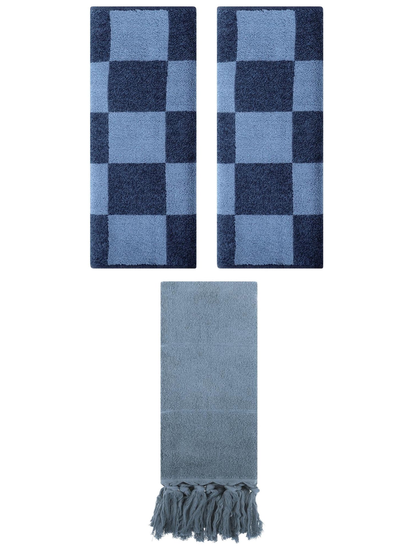 Unique Bargains 3 Pack Checkered and Tassels Absorbent Soft Cotton Bathroom Hand Towel Blue/Dark Blue 14" x 30"/14" x 28"