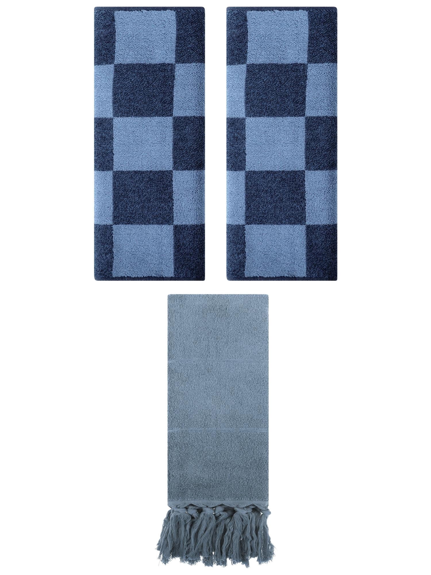 Unique Bargains 3 Pack Checkered and Tassels Absorbent Soft Cotton Bathroom Hand Towel Blue/Dark Blue 14" x 30"/14" x 28"