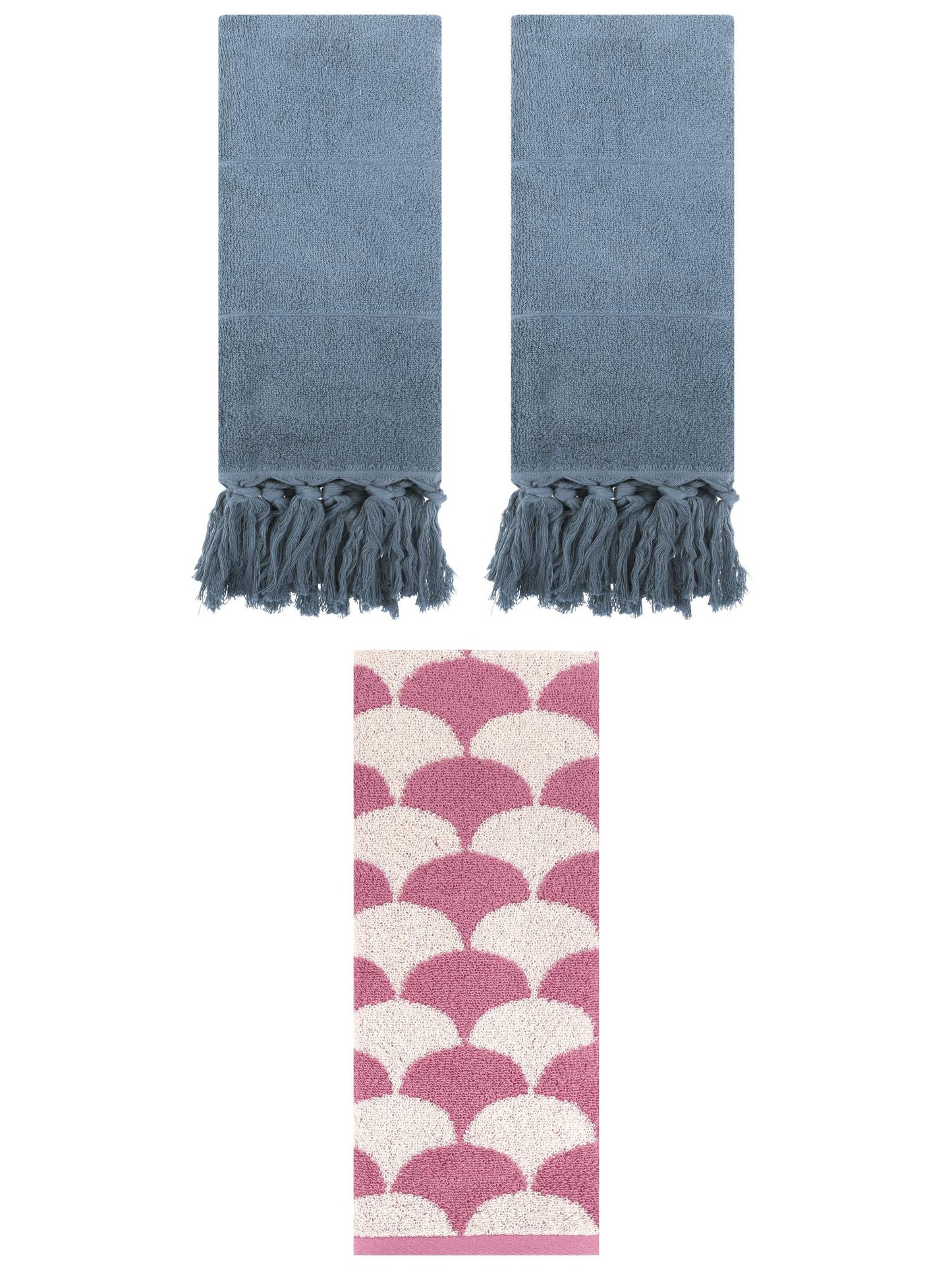 Unique Bargains 3 Pack Geometric and Solid Absorbent Soft Cotton Hand Towel Set Blue/Pink 14" x 30"/13" x 29"