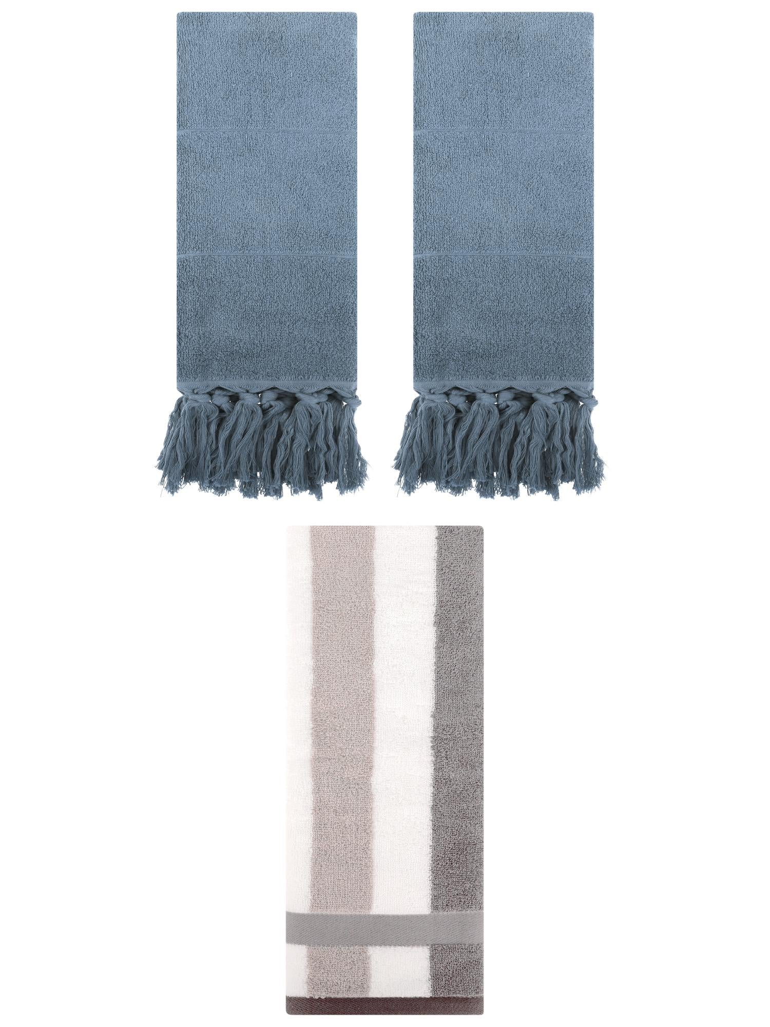 Unique Bargains 3 Pack Cotton Absorbent Soft Decorative Bathroom Hand Towel Set Blue/Grey 14" x 30"/13" x 29"
