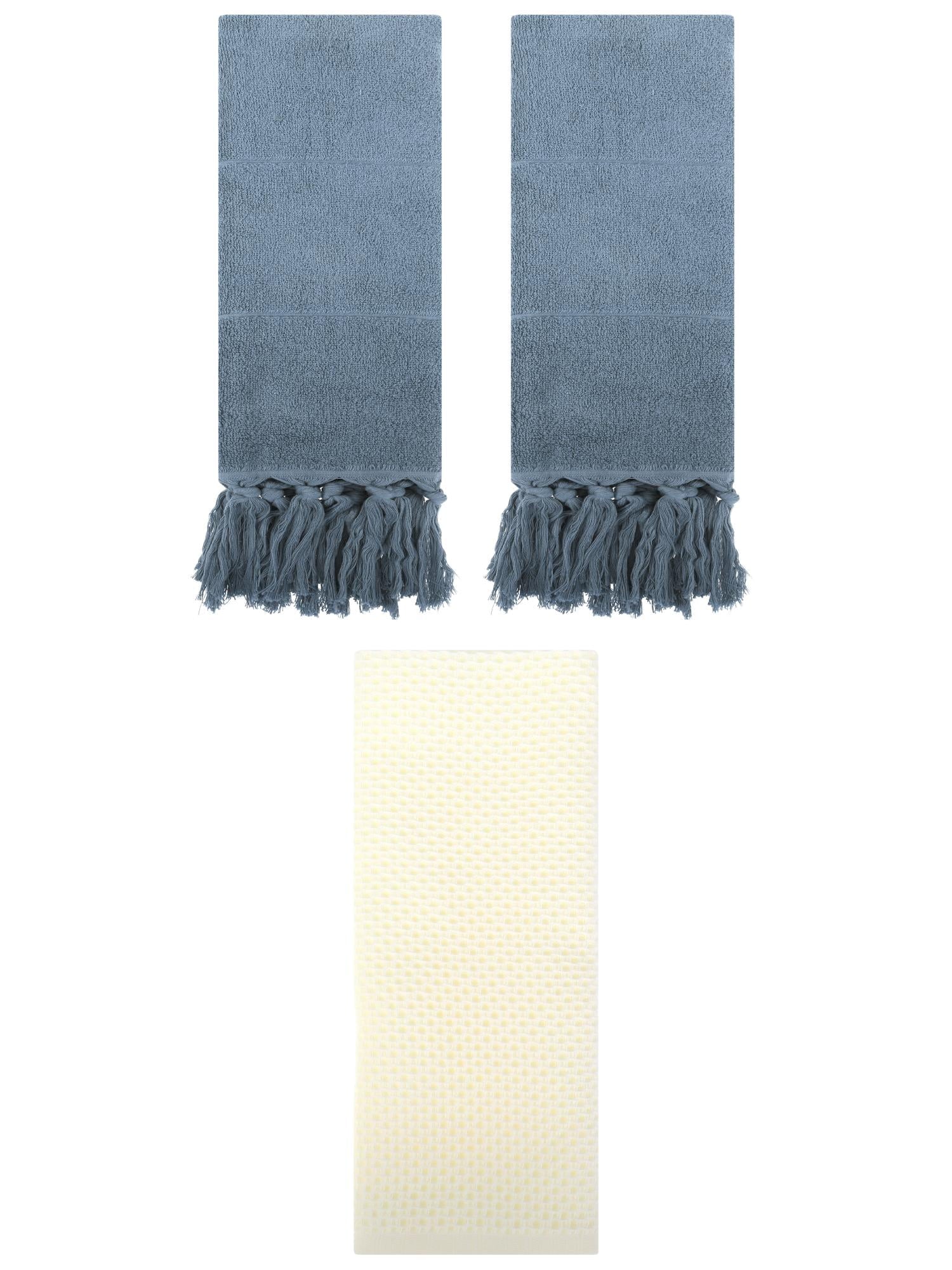 Unique Bargains 3 Pack Cotton Soft Absorbent Tassels and Waffle Decorative Hand Towel Blue/Beige 14" x 30"/13" x 30"