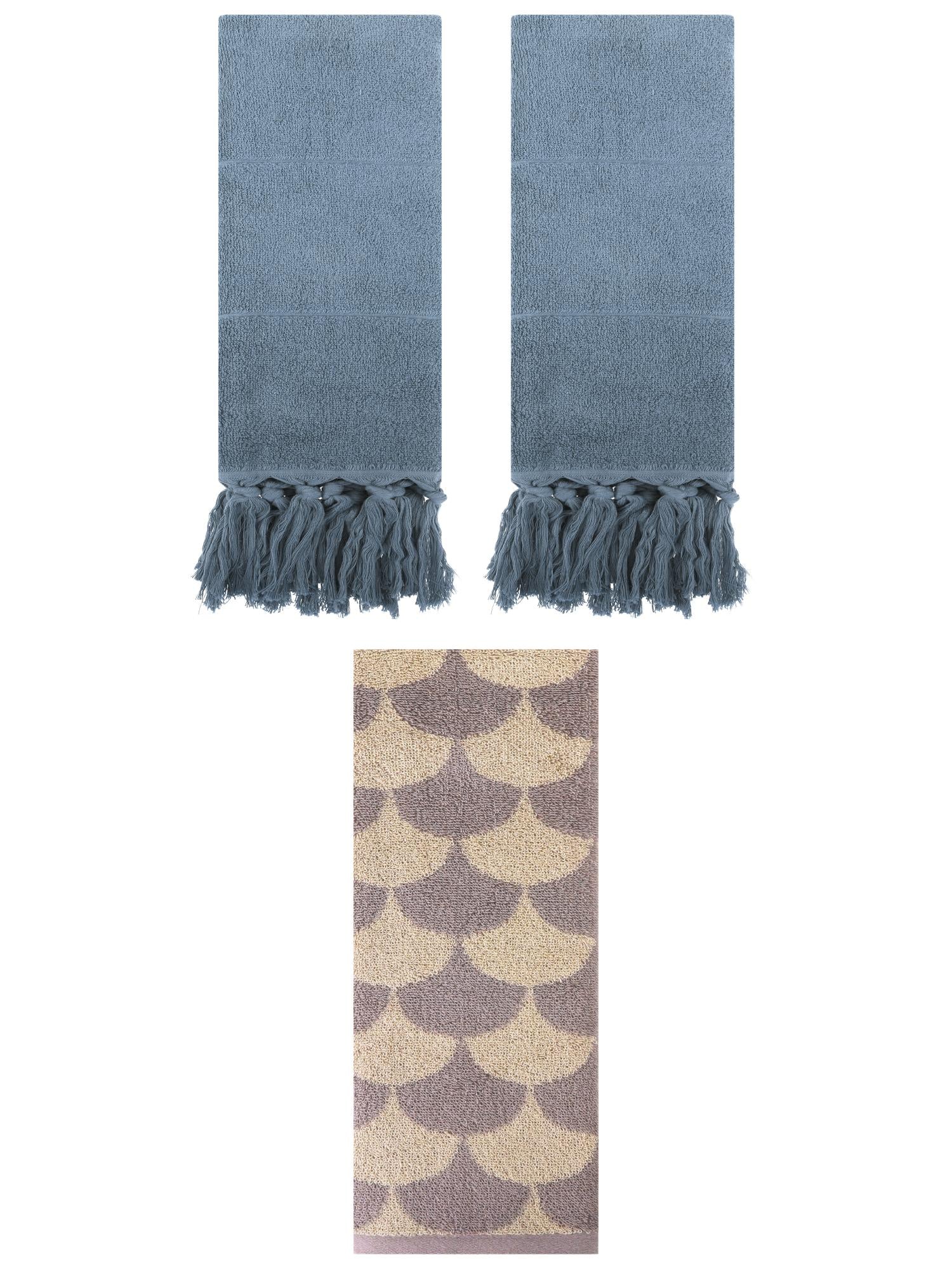 Unique Bargains 3 Pack Geometric and Solid Absorbent Soft Cotton Hand Towel Set Blue/Brown 14" x 30"/13" x 29"