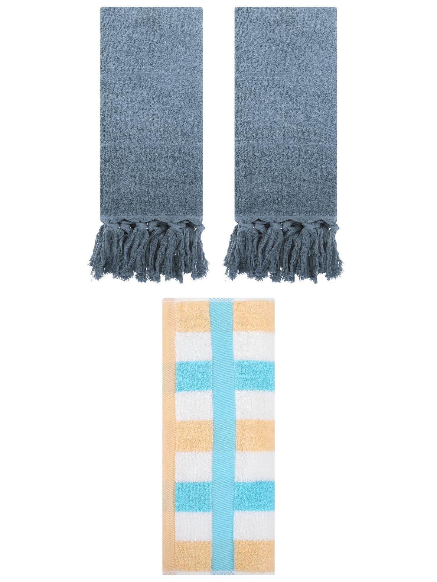 Unique Bargains 3 Pack Cotton Absorbent Soft Decorative Bathroom Hand Towel Set Blue/Blue Yellow 14" x 30"/13" x 29"