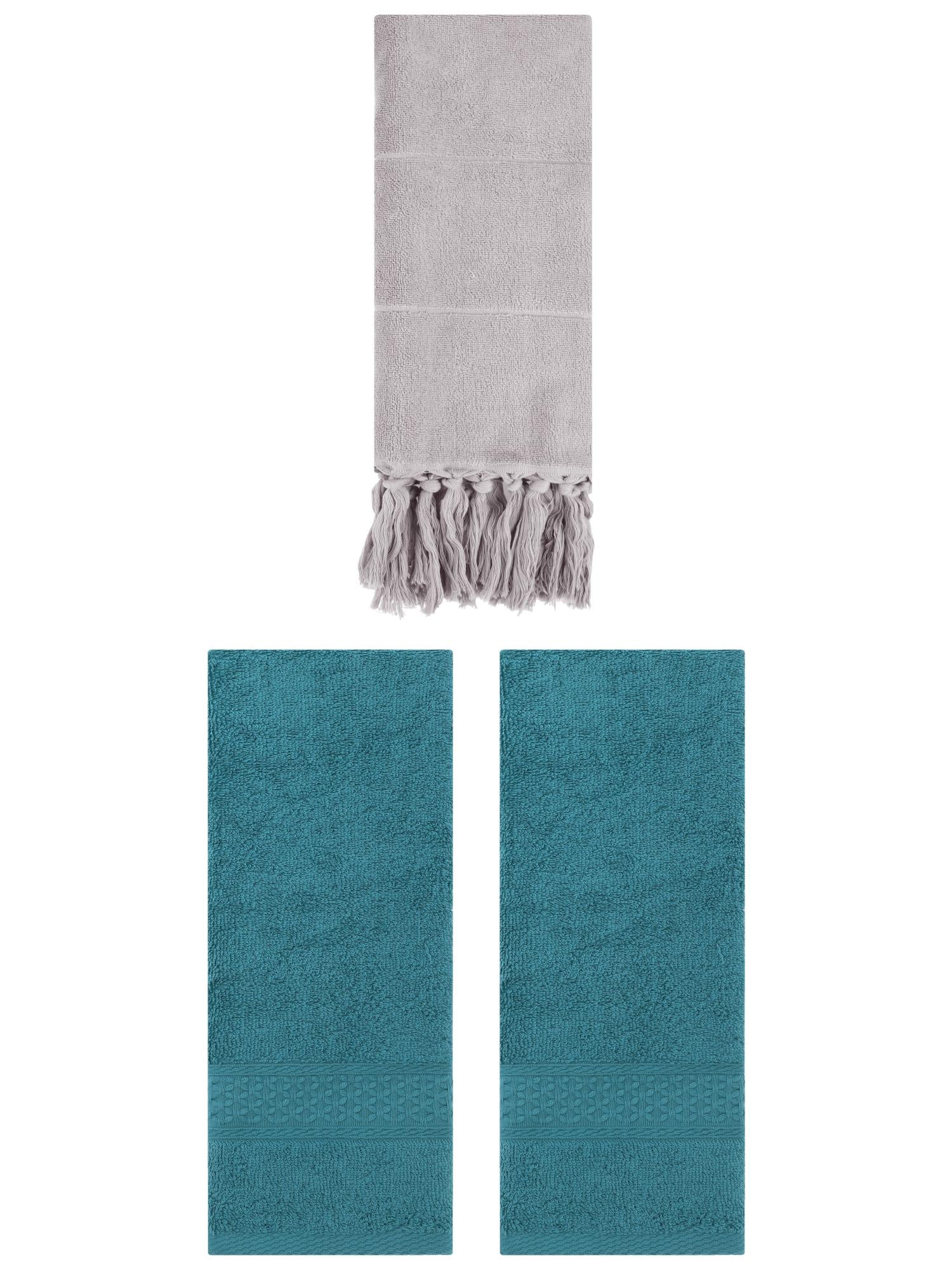Unique Bargains 3 Packs Textured Tassels Hand Towel Grey/Dark Green 14" x 30"/13" x 30"