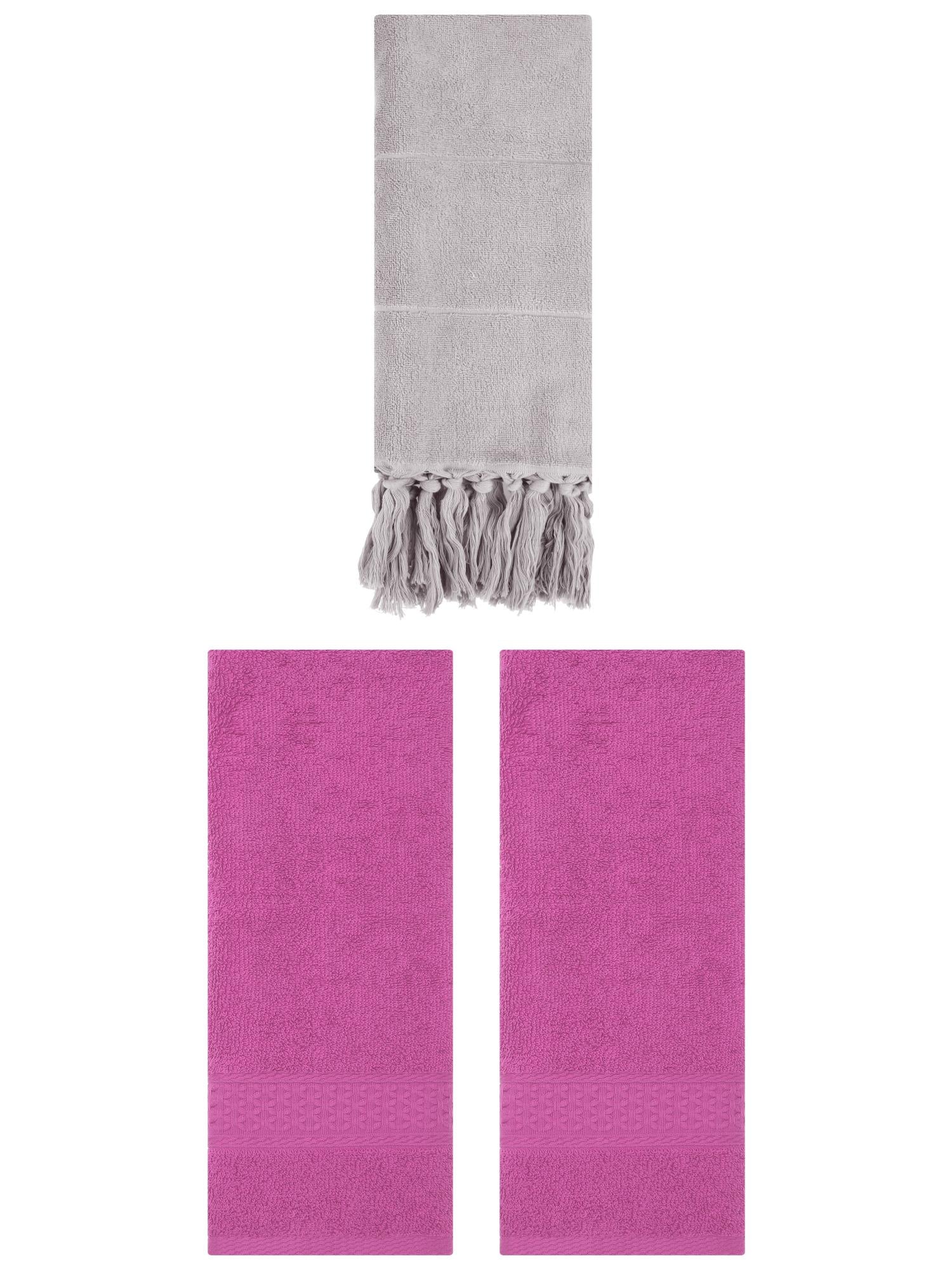 Unique Bargains 3 Packs Textured Tassels Hand Towel Grey/Dark Pink 14" x 30"/13" x 30"