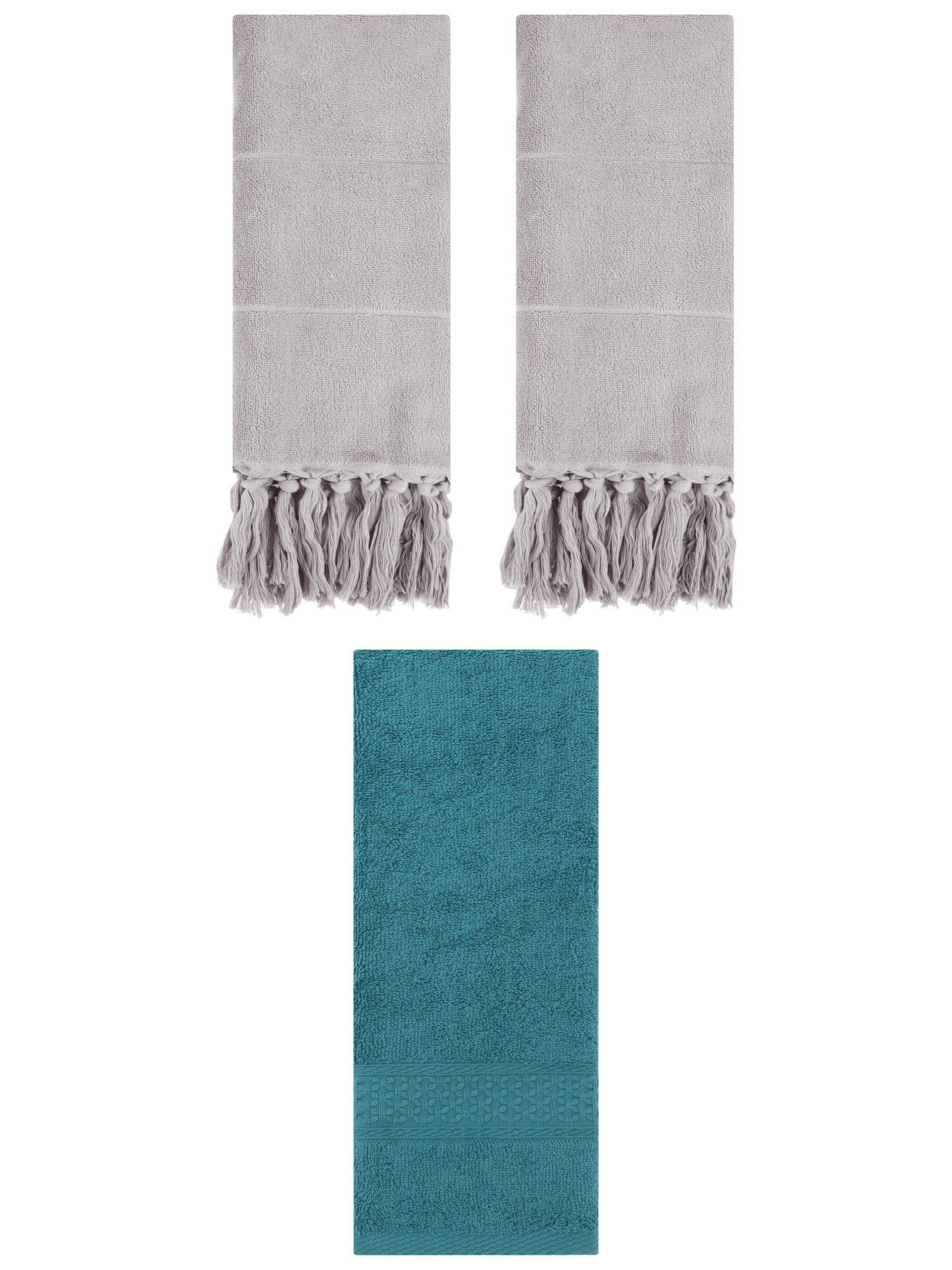 Unique Bargains 3 Packs Textured Tassels Hand Towels Grey/Dark Green 14" x 30"/13" x 30"