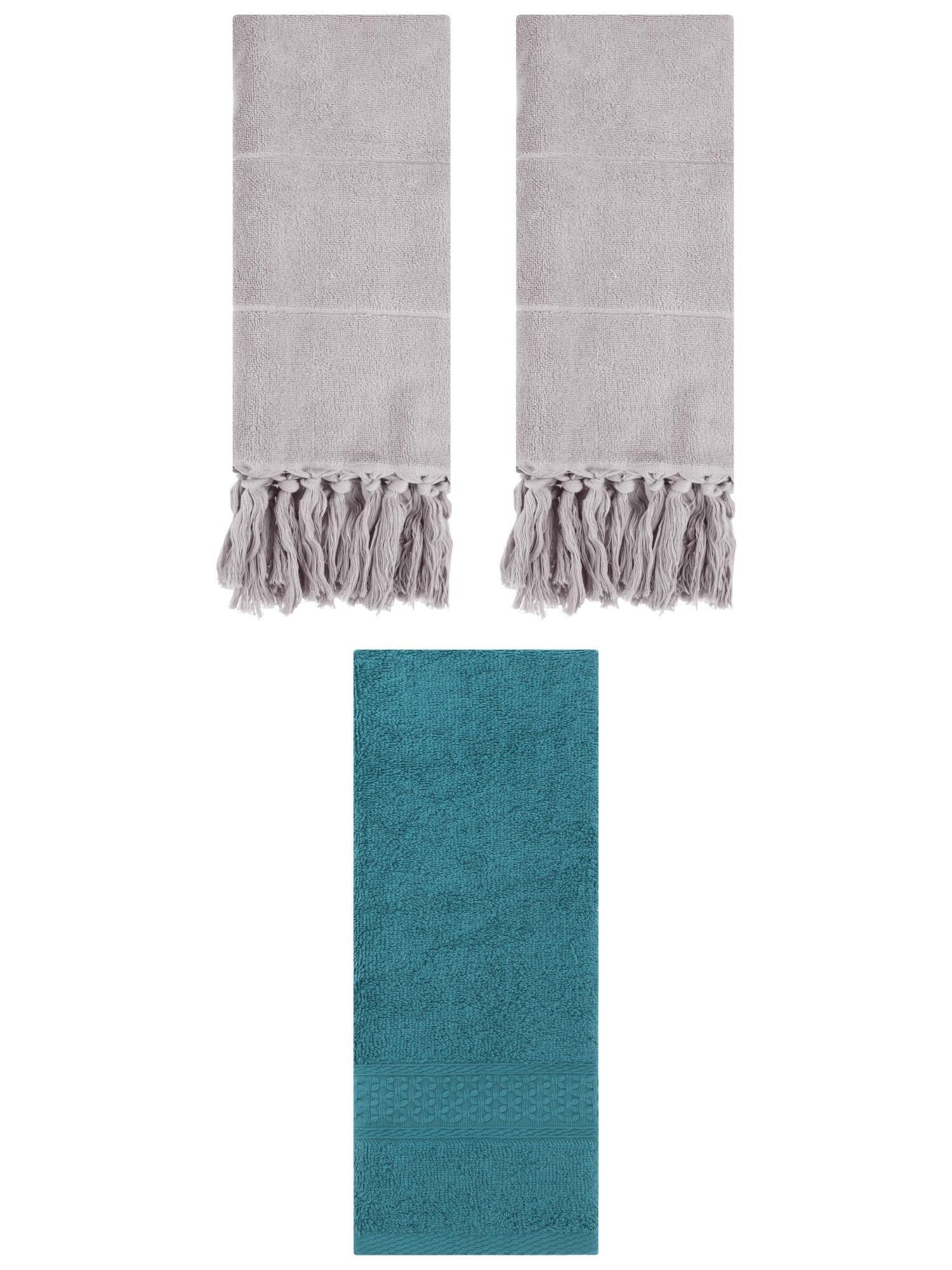 Unique Bargains 3 Packs Textured Tassels Hand Towels Grey/Dark Green 14" x 30"/13" x 30"