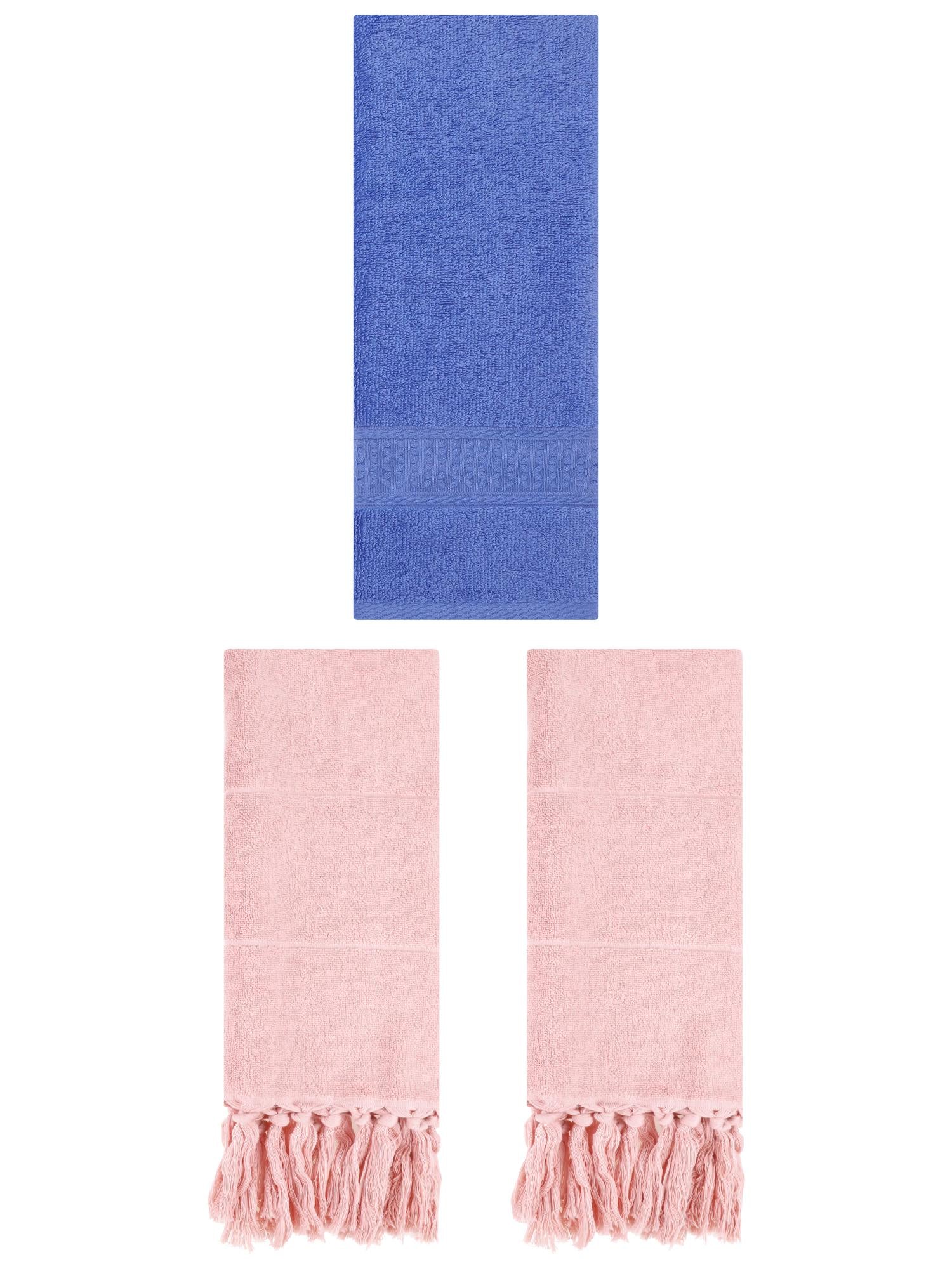 Unique Bargains 3 Packs Textured Tassels Hand Towels Pink/Blue 14" x 30"/13" x 30"