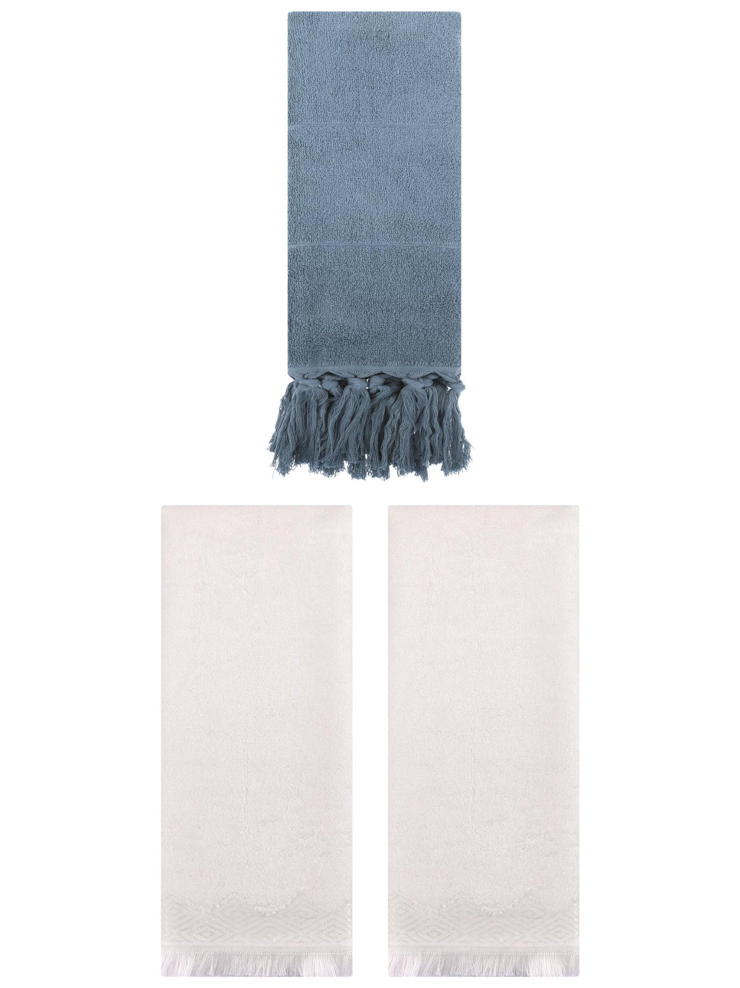 Unique Bargains 3 Pack Cotton Absorbent Soft Turkish Hand Towels with tassel for Bathroom Blue/Beige 14" x 30"/13" x 29"