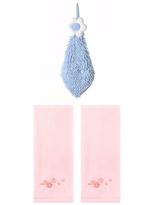 Unique Bargains 3 Pcs Cotton Soft Floral Hand Towels Pink/Blue-2 13" x 29"/6" x 15"