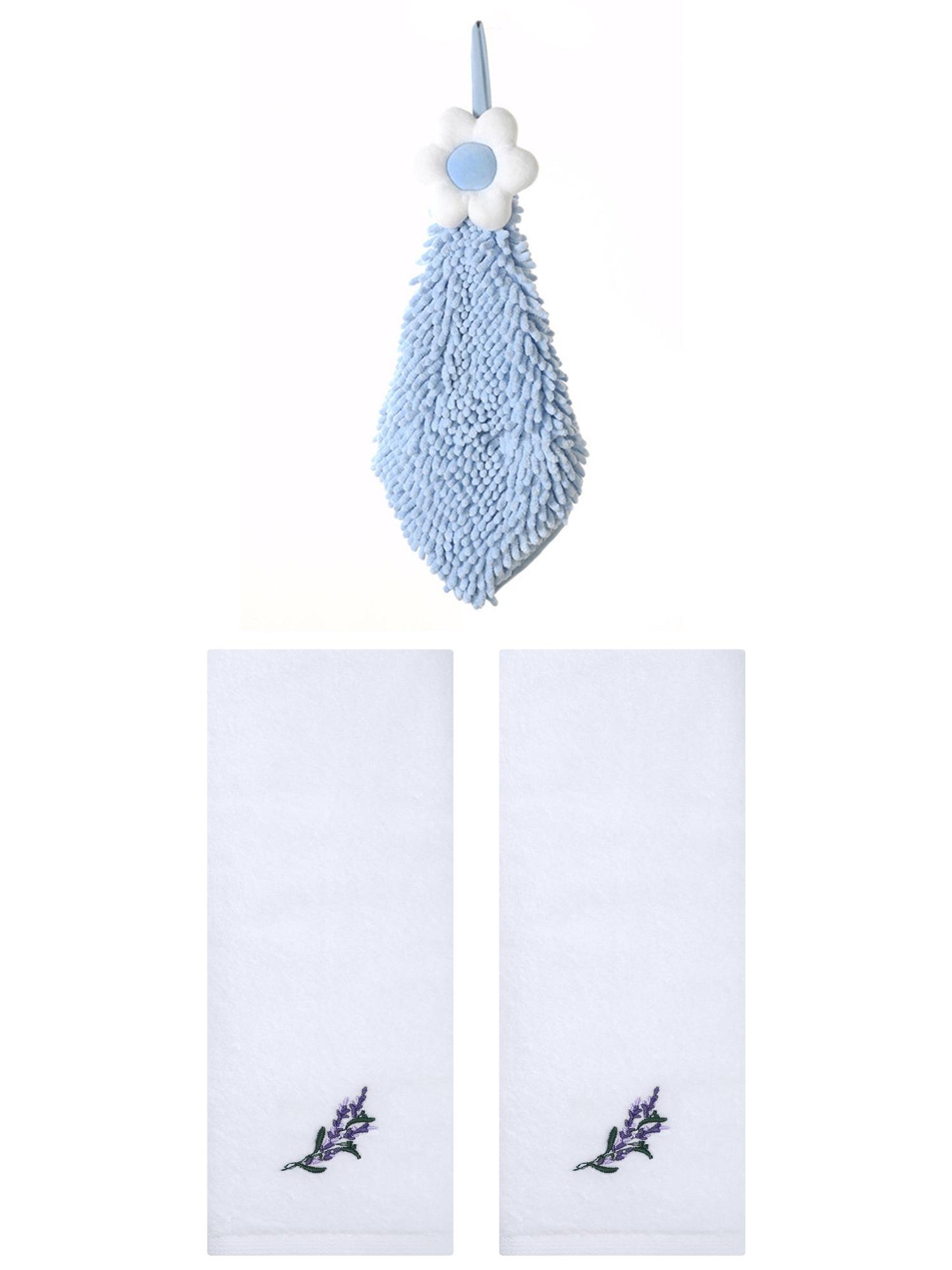 Unique Bargains 3 Pcs Cotton Soft Floral Hand Towels White/Blue-2 13" x 29"/6" x 15"