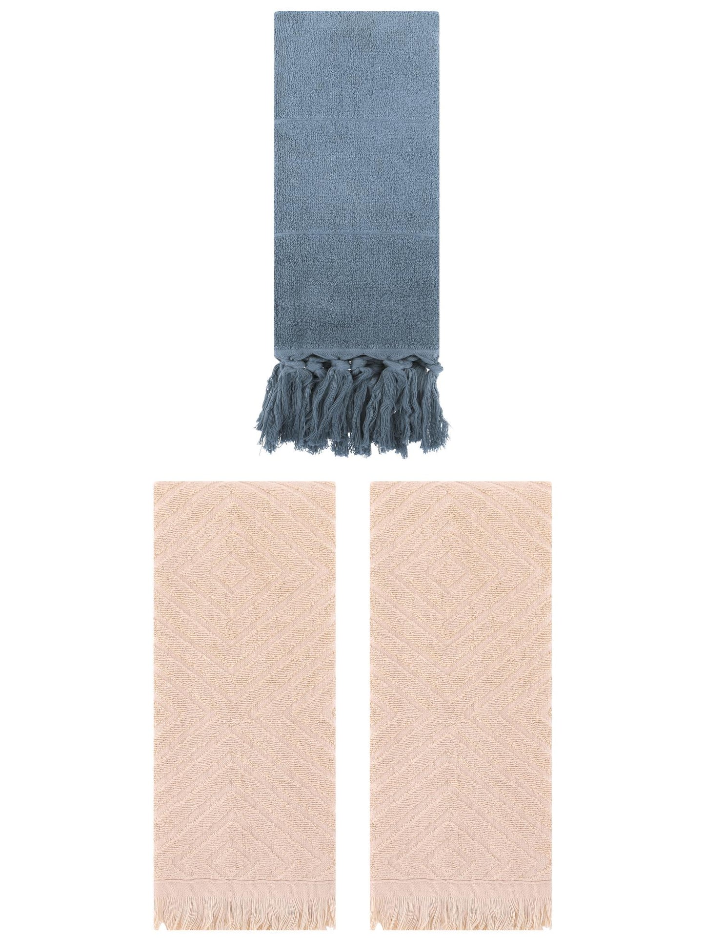 Unique Bargains 3 Pack Cotton Soft and Absorbent Bathroom Turkish Hand Towels with tassel Blue/Brown 14" x 30"/13" x 29"