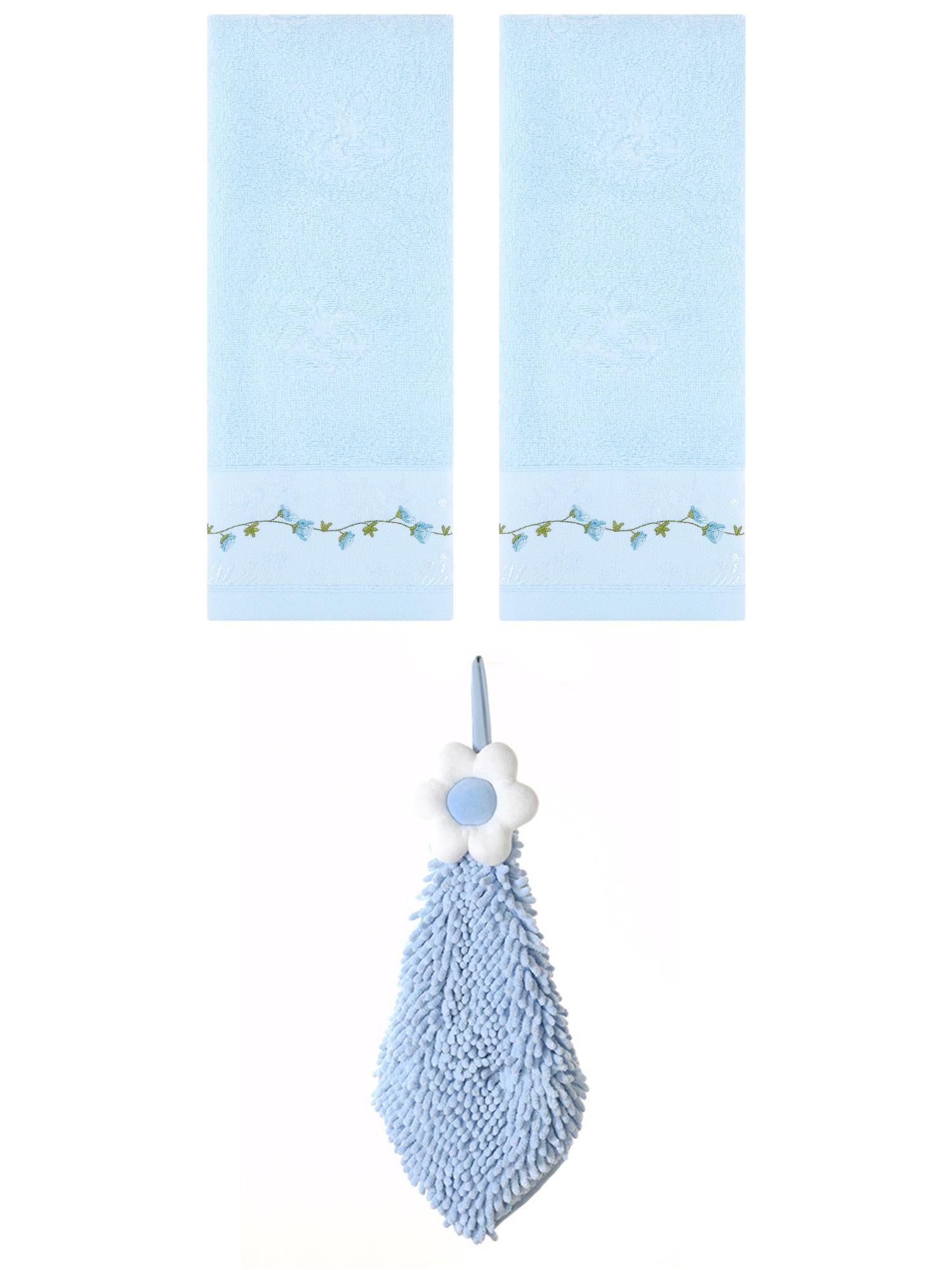 Unique Bargains 3 Pcs Floral Soft Hand Towels Blue/Blue-2 13" x 29"/6" x 15"
