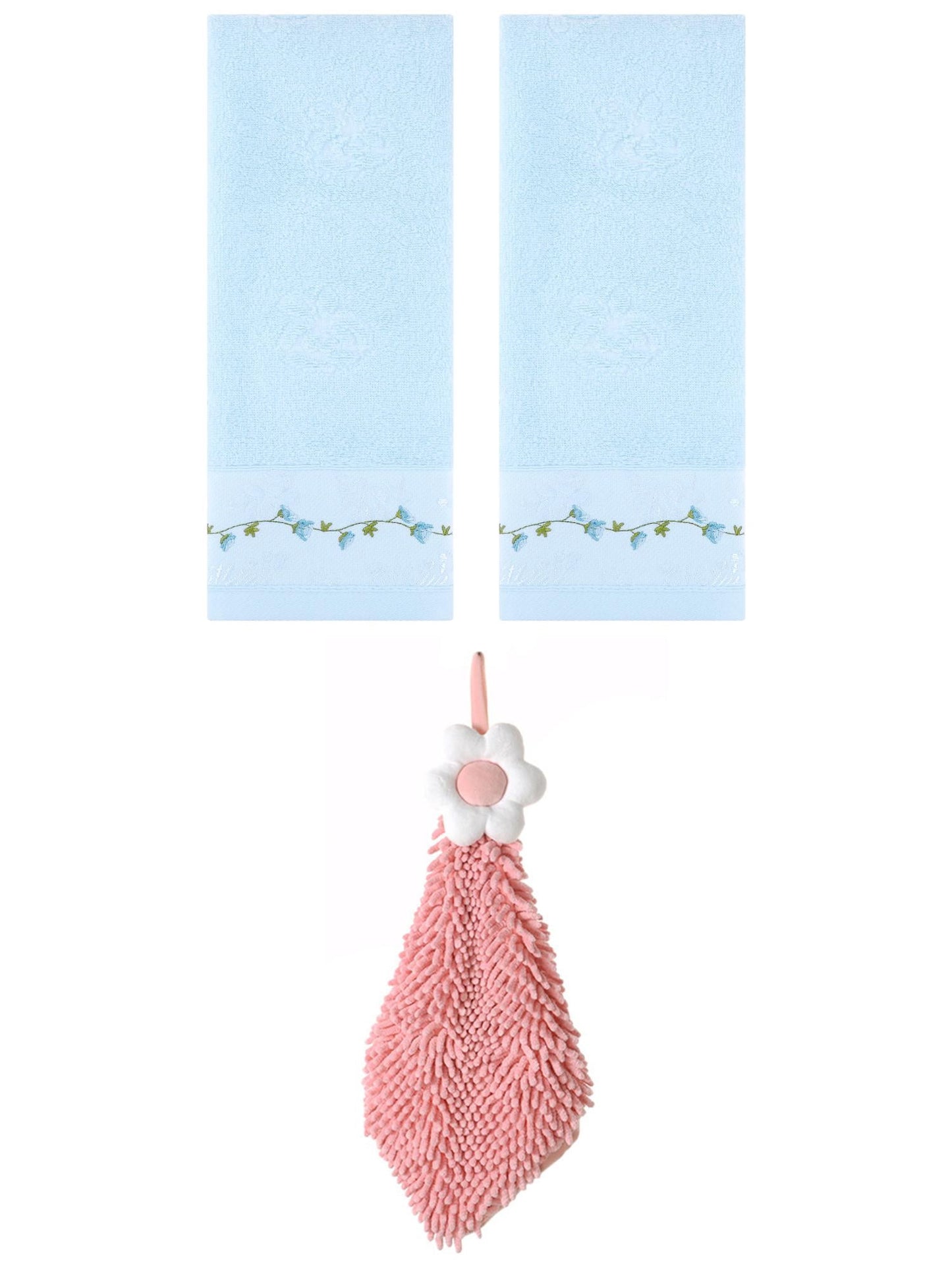 Unique Bargains 3 Pcs Floral Soft Hand Towels Blue/Pink-2 13" x 29"/6" x 15"