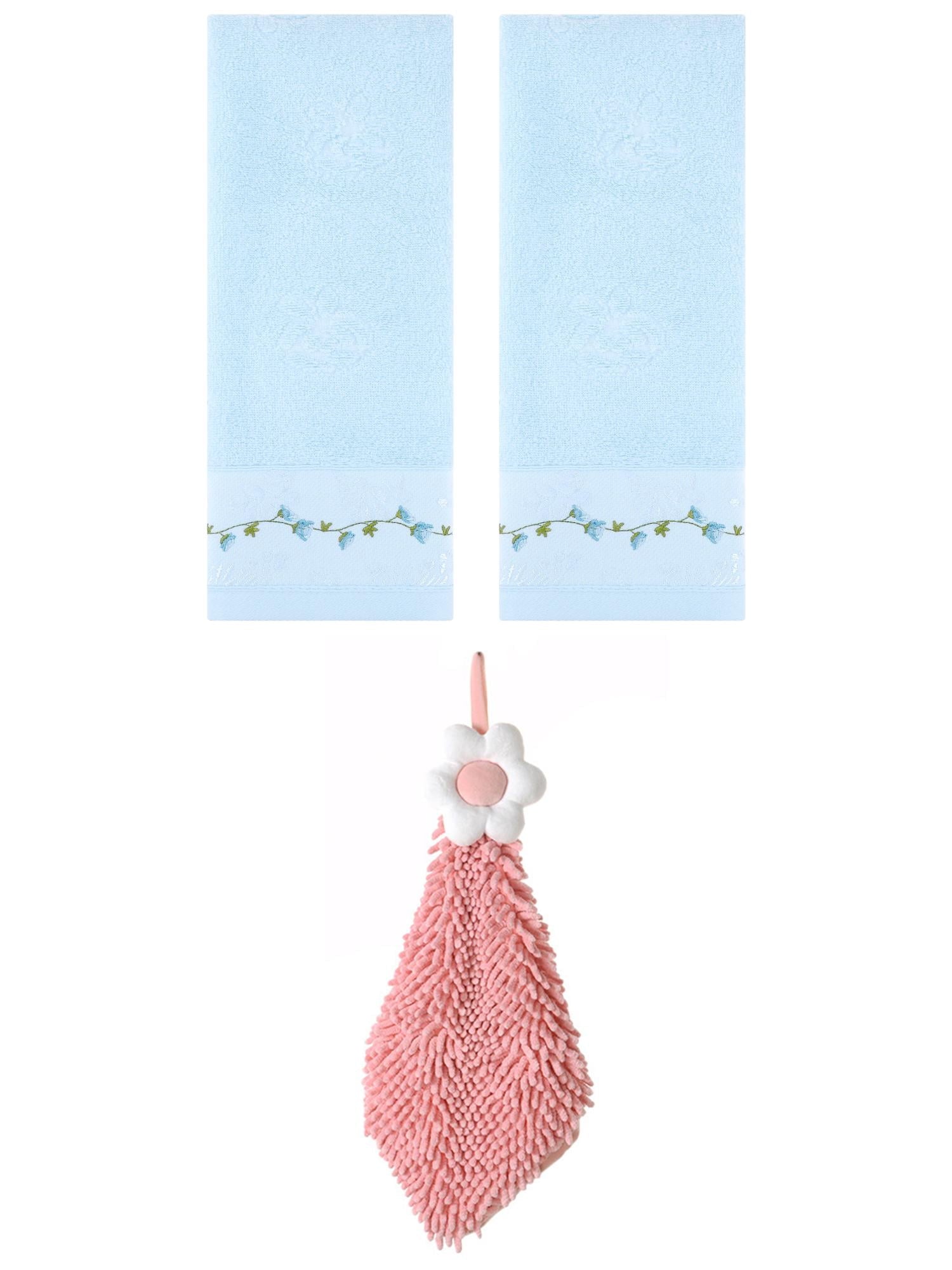 Unique Bargains 3 Pcs Floral Soft Hand Towels Blue/Pink-2 13" x 29"/6" x 15"