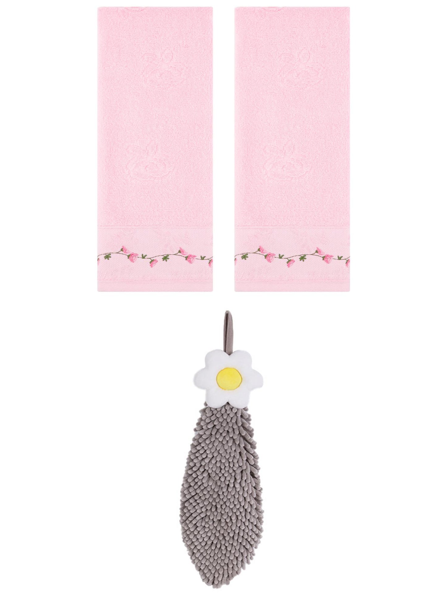 Unique Bargains 3 Pcs Floral Soft Hand Towels Pink/Grey 13" x 29"/6" x 15"