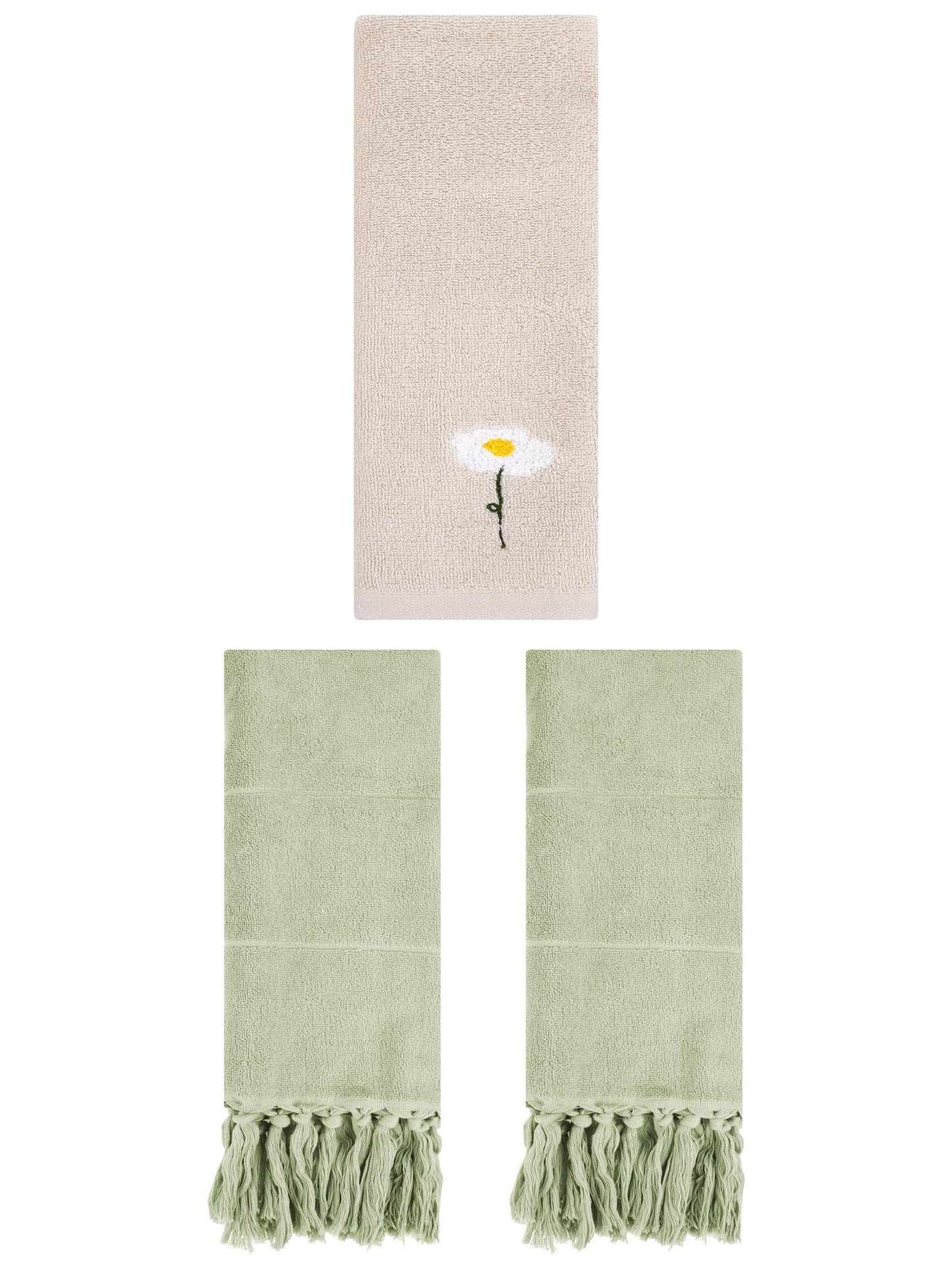 Unique Bargains 3 Pcs Floral Solid Hand Towel Set Green/Light Brown 14"x30"/13"x30"