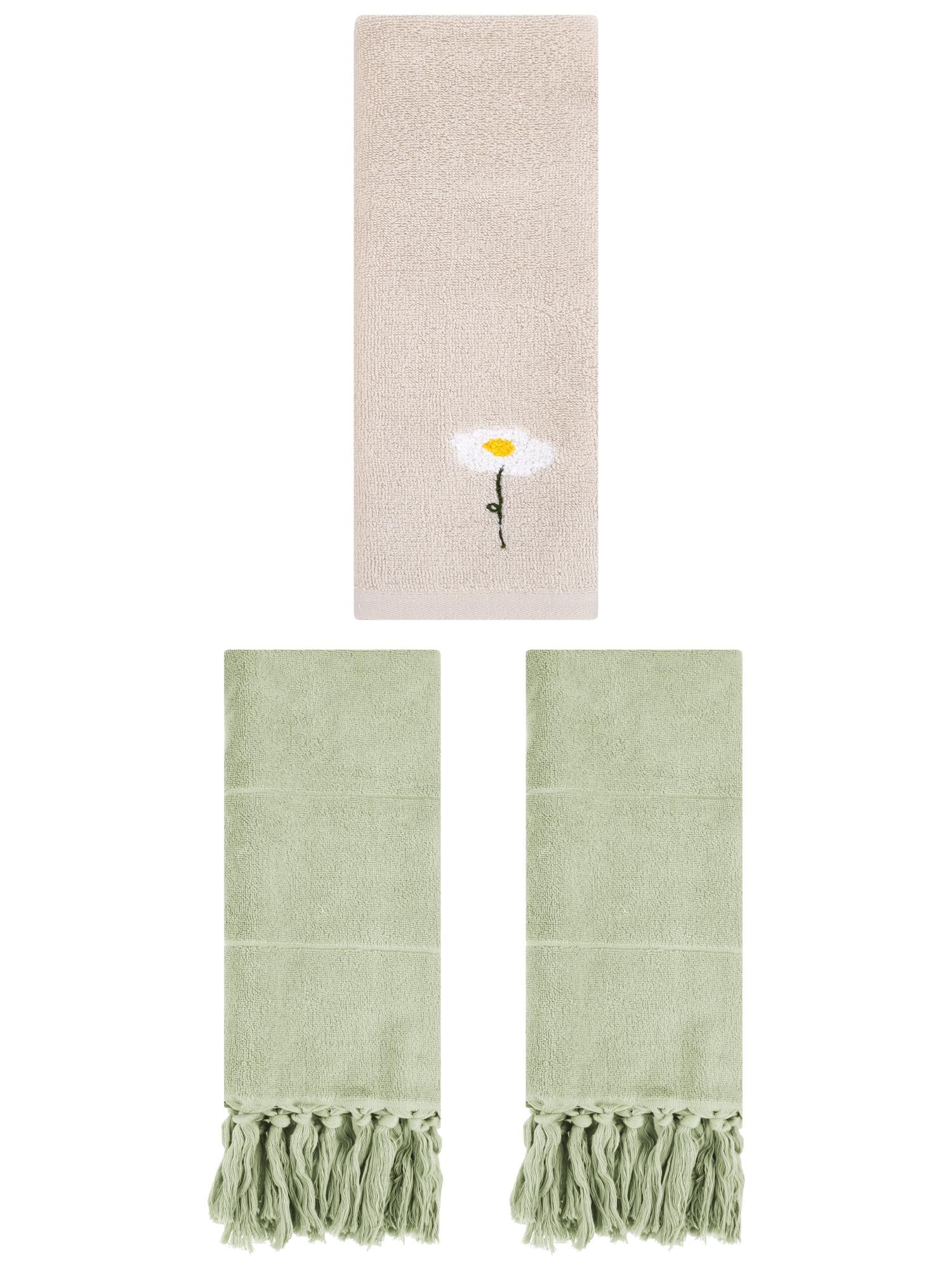 Unique Bargains 3 Pcs Floral Solid Hand Towel Set Green/Light Brown 14"x30"/13"x30"