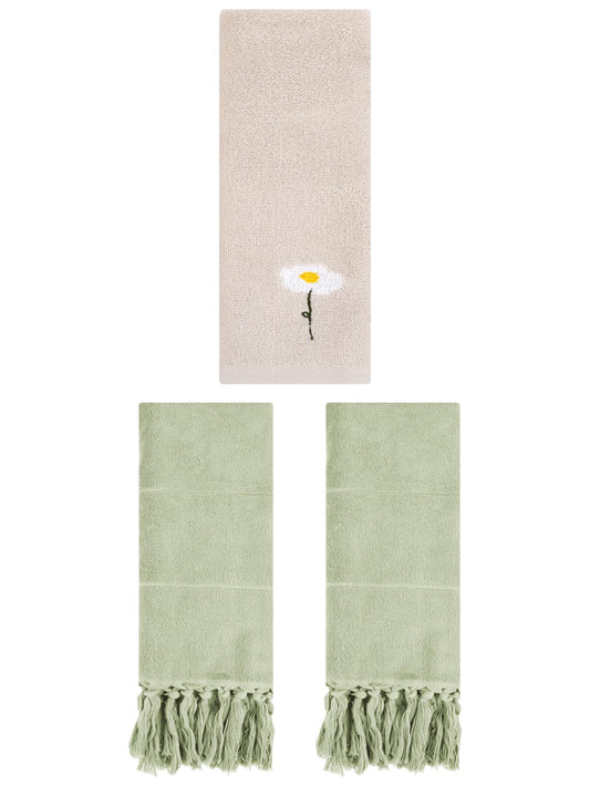 Unique Bargains 3 Pcs Floral Solid Hand Towel Set Green/Light Brown 14"x30"/13"x30"