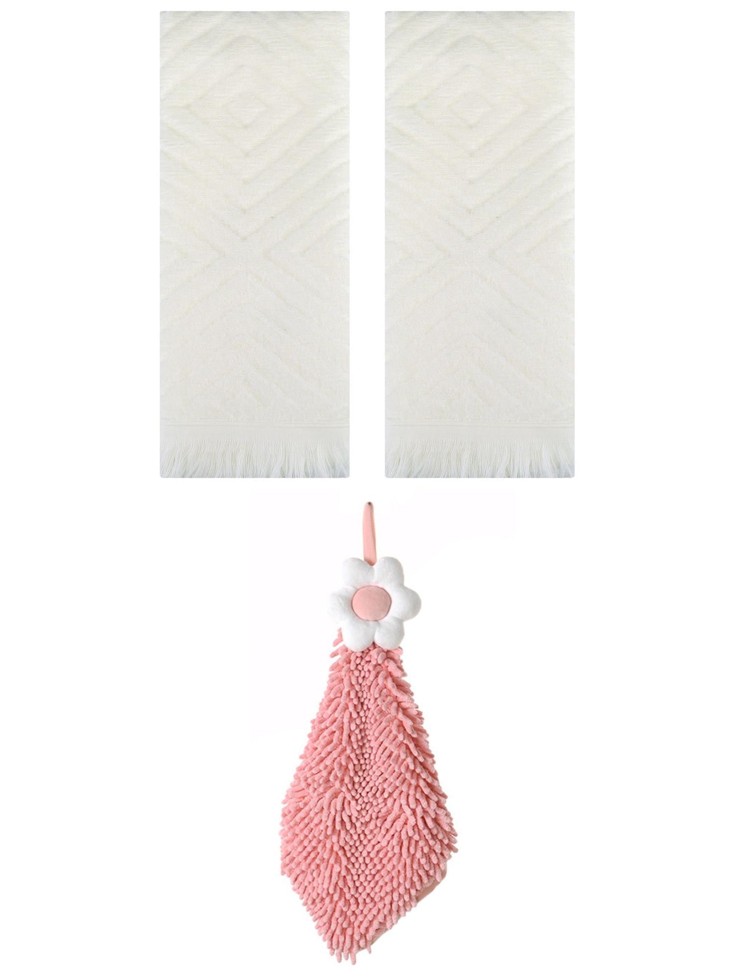 Unique Bargains 3 Pcs Geometric Soft Hand Towels Beige/Pink-2 13" x 29"/6" x 15"