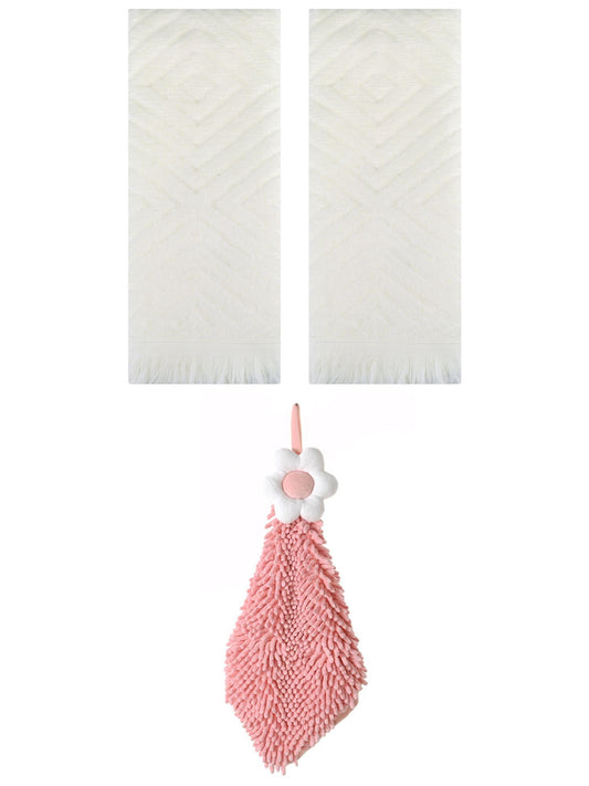 Unique Bargains 3 Pcs Geometric Soft Hand Towels Beige/Pink-2 13" x 29"/6" x 15"
