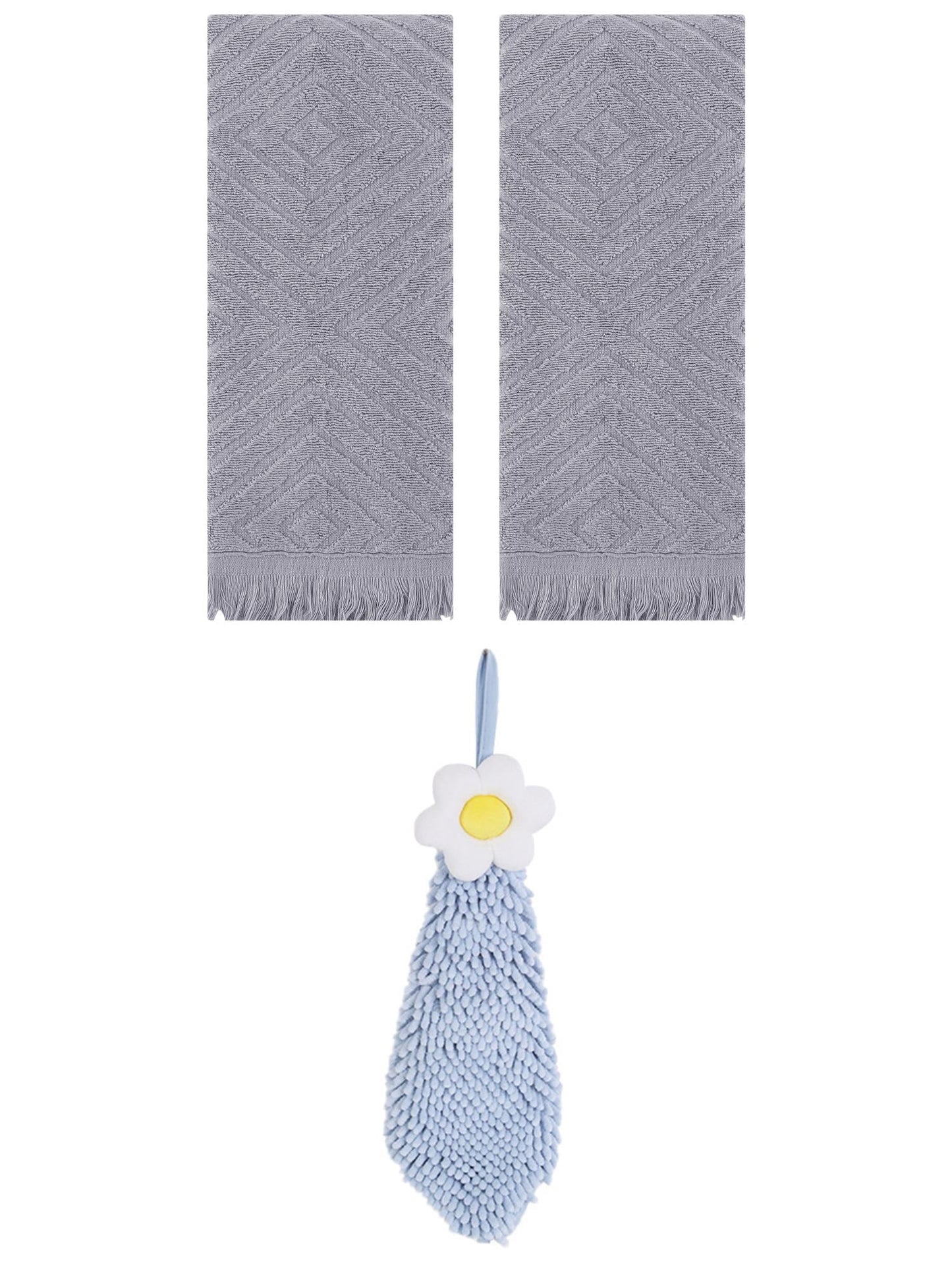 Unique Bargains 3 Pcs Geometric Soft Hand Towels Grey/Blue-1 13" x 29"/6" x 15"