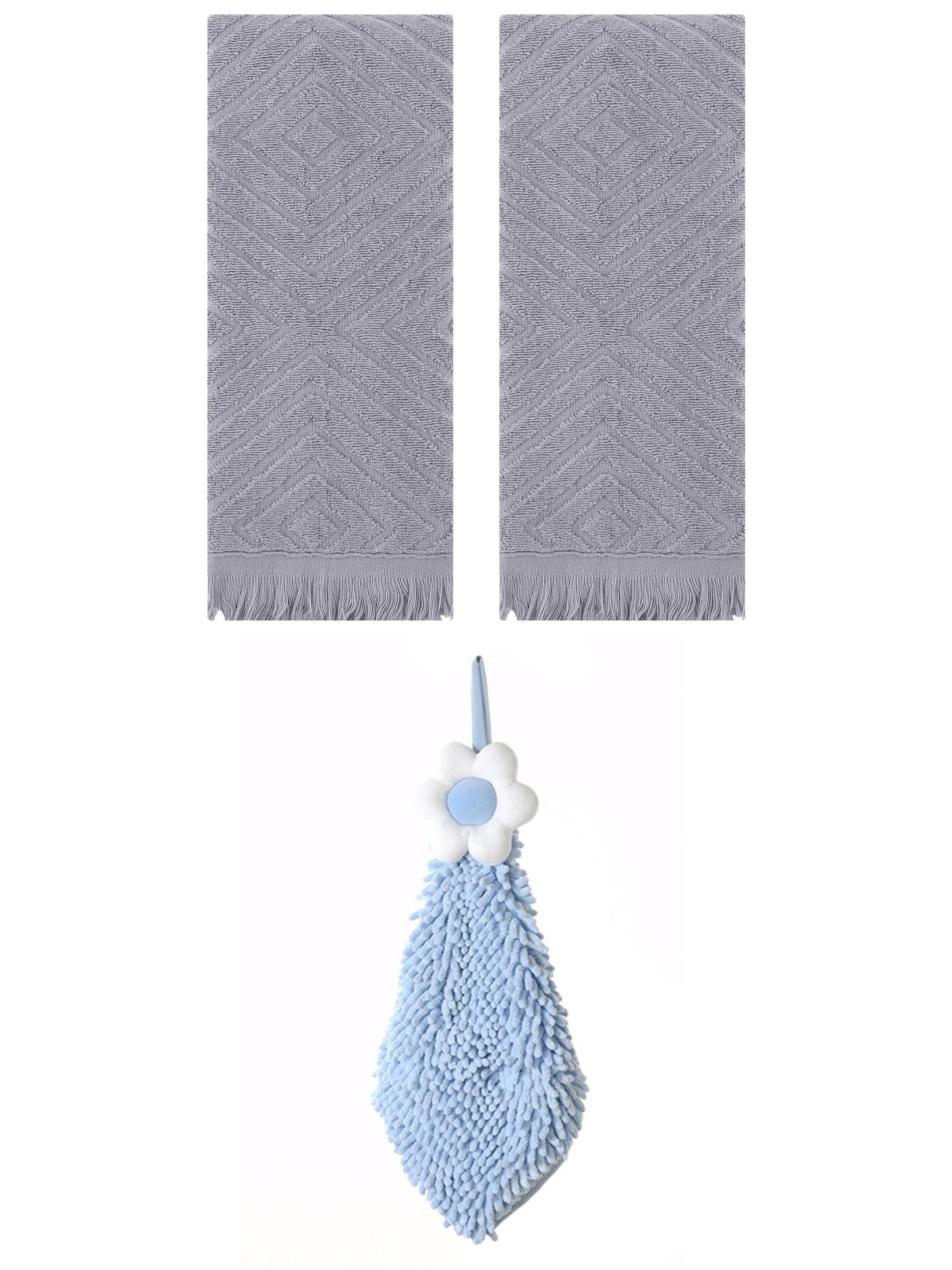 Unique Bargains 3 Pcs Geometric Soft Hand Towels Grey/Blue-2 13" x 29"/6" x 15"