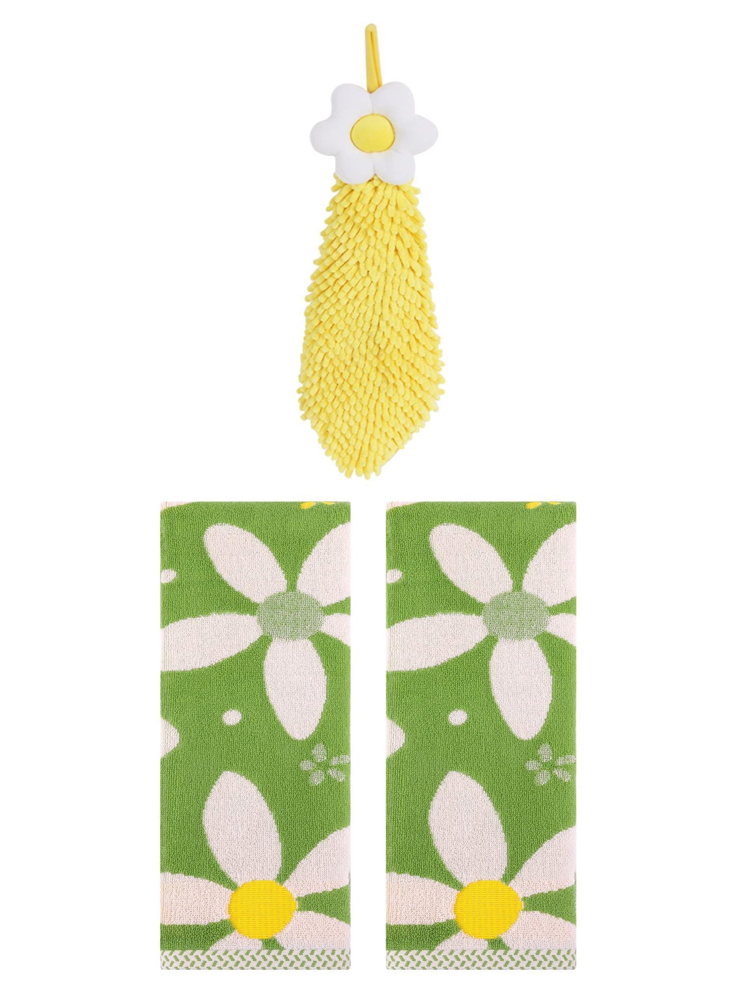 Unique Bargains 3 Pcs Soft Floral Hand Towels Green/Yellow 13" x 29"/6" x 15"
