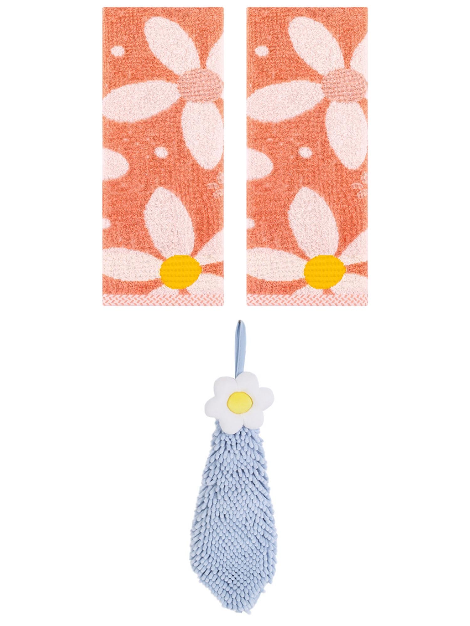 Unique Bargains 3 Pcs Soft Floral Hand Towels Orange/Blue-1 13" x 29"/6" x 15"