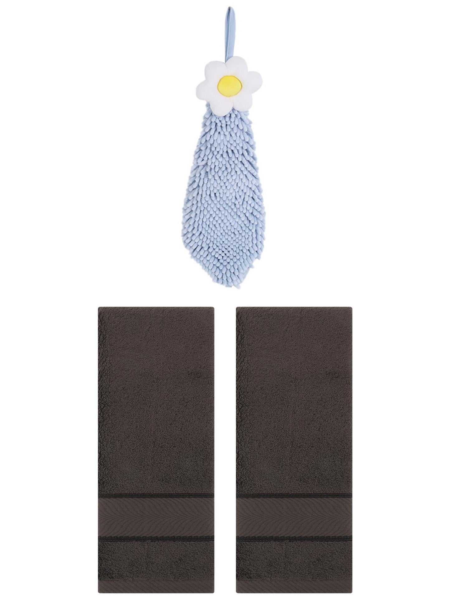 Unique Bargains 3 Pcs Soft Hand Towel Set Dark Brown/Blue-1 14" x 30"/6" x 15"