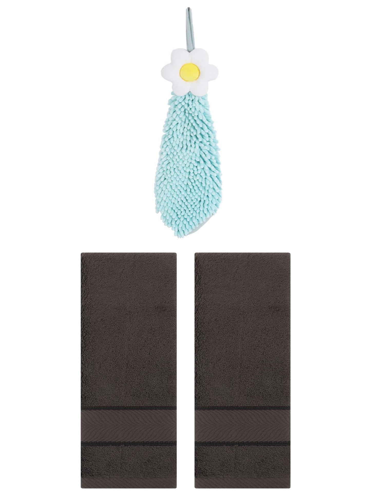 Unique Bargains 3 Pcs Soft Hand Towel Set Dark Brown/Green 14" x 30"/6" x 15"