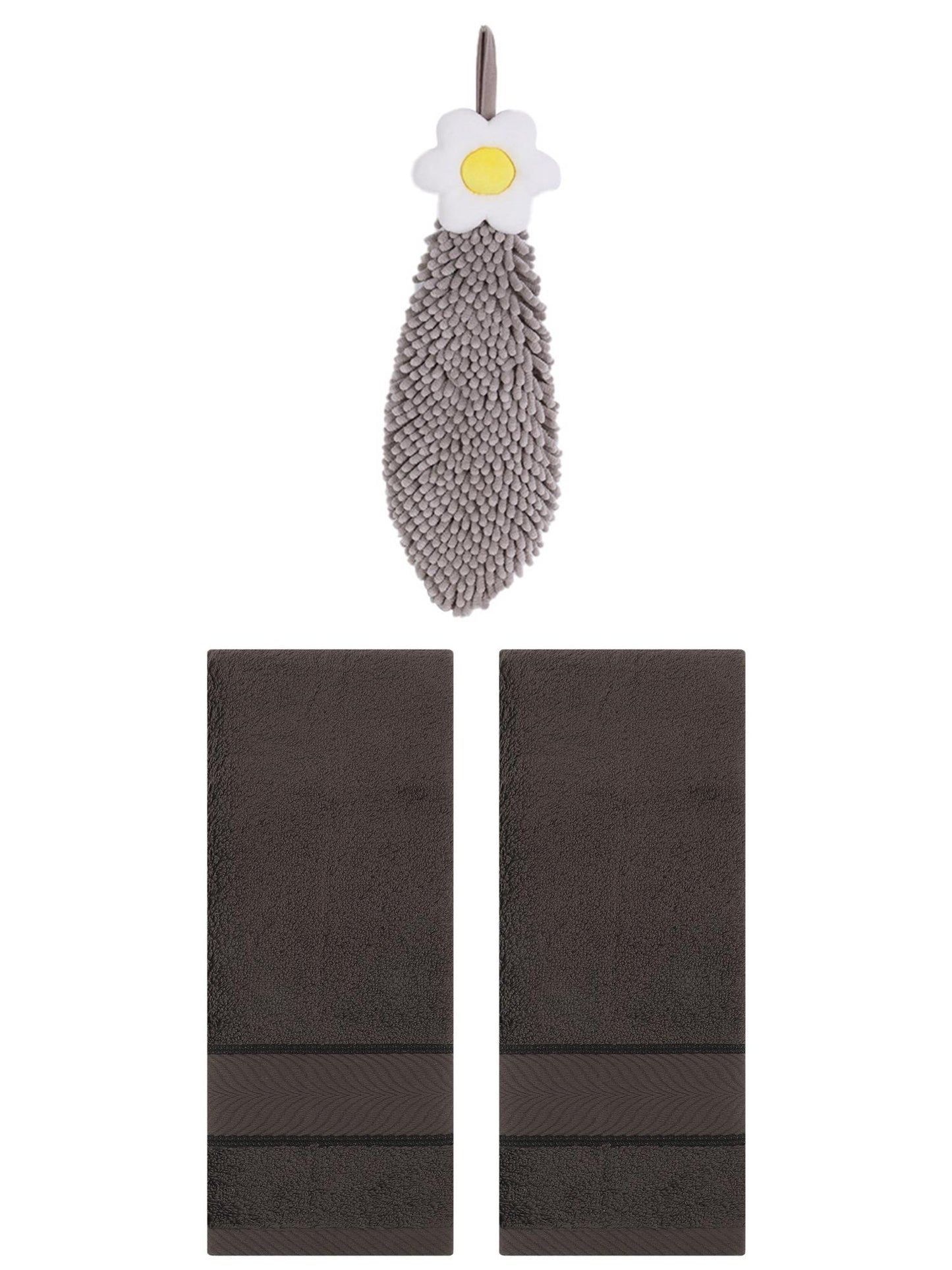 Unique Bargains 3 Pcs Soft Hand Towel Set Dark Brown/Grey 14" x 30"/6" x 15"