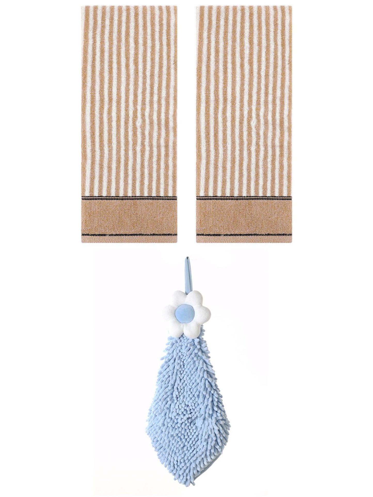 Unique Bargains 3 Pcs Soft Striped Hand Towels Brown/Blue-2 13" x 29"/6" x 15"