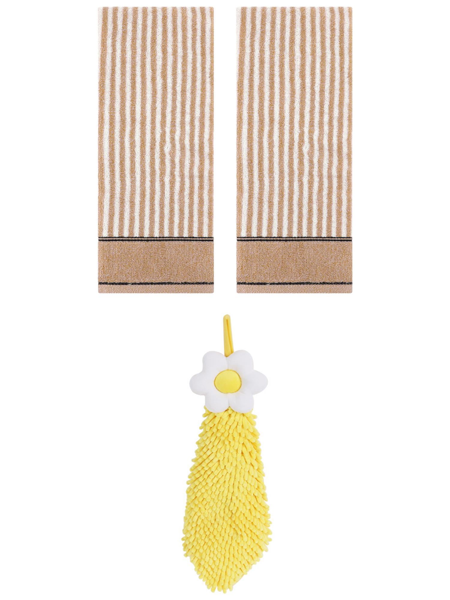 Unique Bargains 3 Pcs Soft Striped Hand Towels Brown/Yellow 13" x 29"/6" x 15"