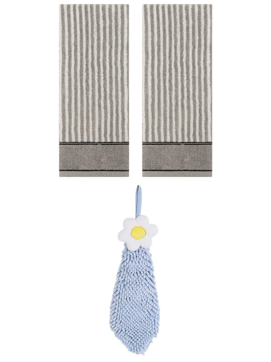 Unique Bargains 3 Pcs Soft Striped Hand Towels Grey/Blue-1 13" x 29"/6" x 15"