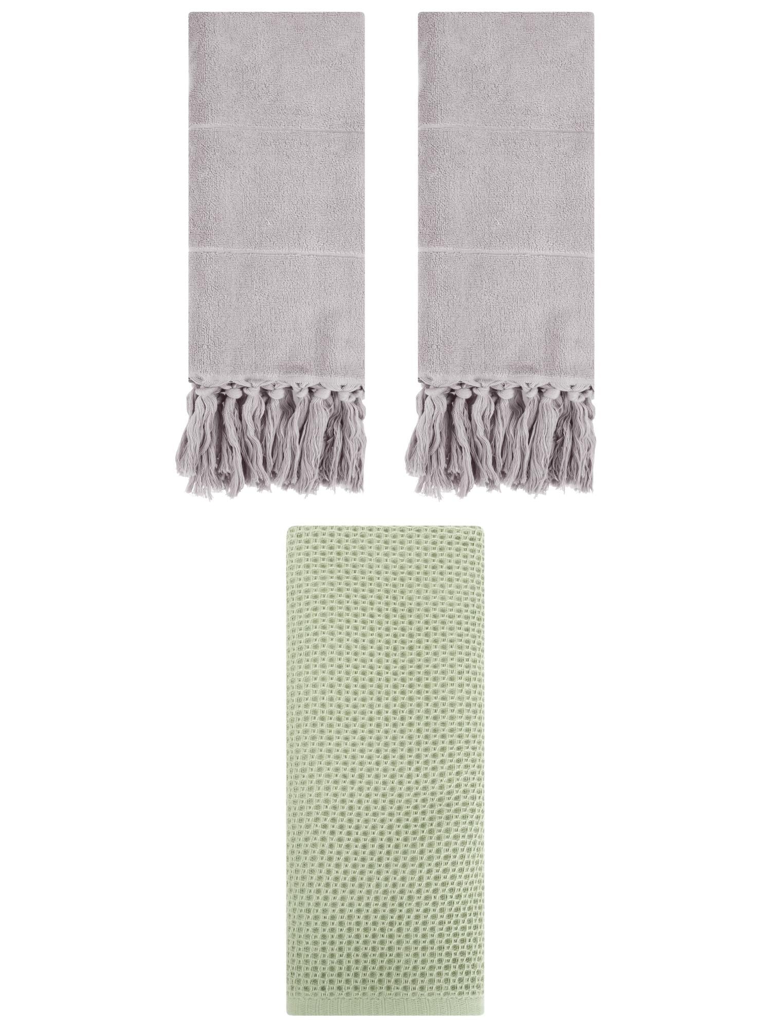 Unique Bargains 3 Pcs Soft Tassels Waffle Hand Towel Grey/Light Green 14"x30"/13"x30"